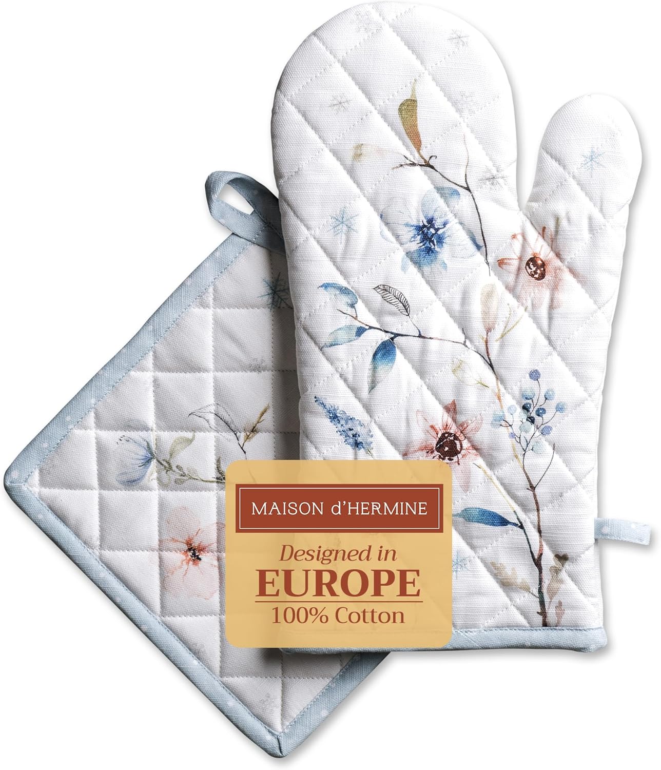 Maison d' Hermine 100% Cotton Oven Mitt & Pot Holder Set (7.5"x13" & 8"x8") Heat Resistant BBQ Cooking Gloves with Loop, Baking, Grilling, Kitchen, Handling Hot Pans (Ice Florals)
