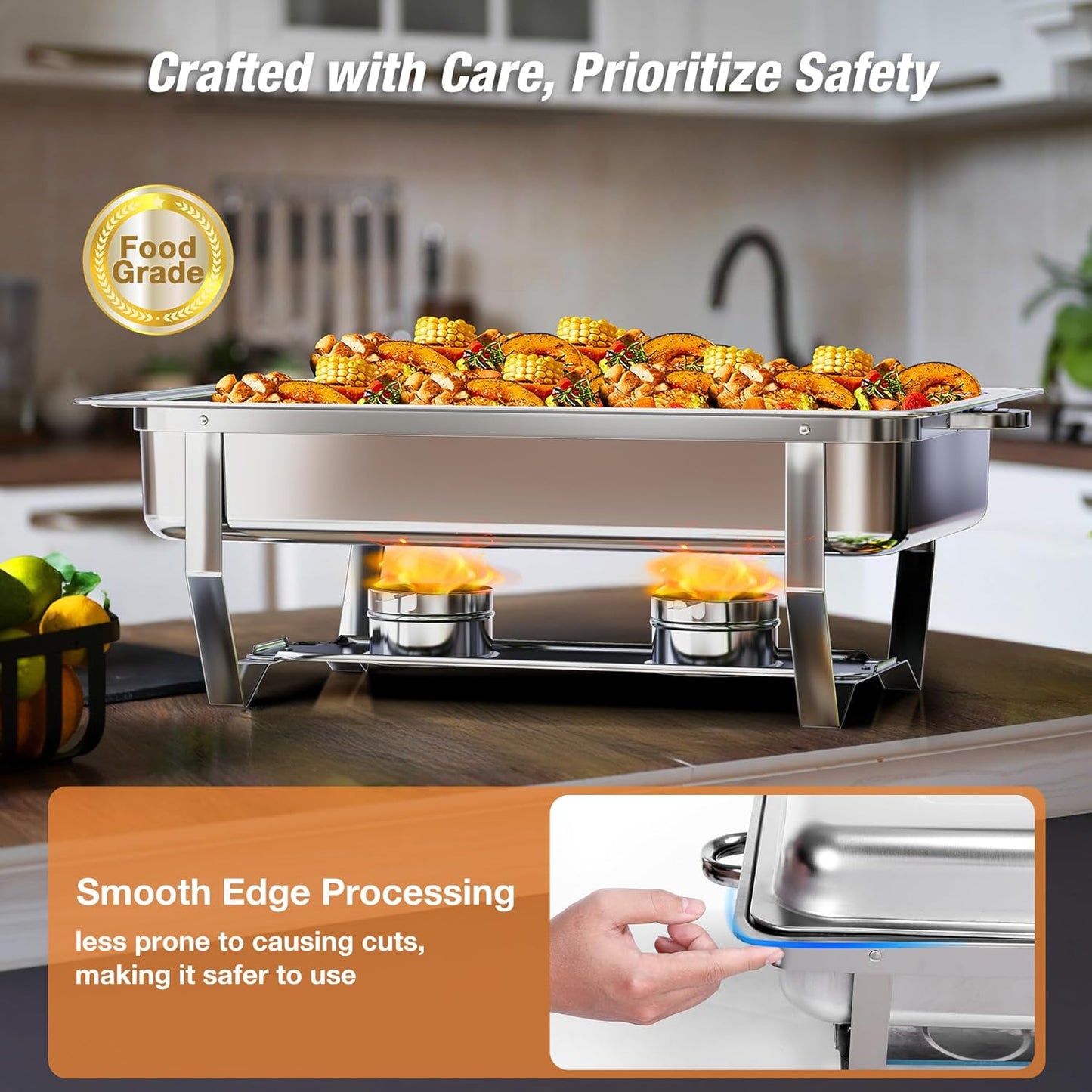 Chafing Dishes for Buffet 9QT 6 Pack,Easy Assembly, Food-Grade Stainless Steel Chafers for Catering w/Rolled Edge Design, Foldable Frame, for Party, Banquet (Full Size Food Pan)