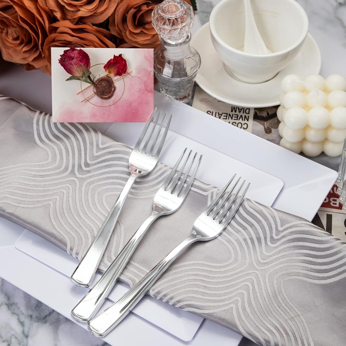 Liacere 200Pcs Silver Plastic Cutlery-Silver Plastic Silverware- Disposable Plastic Silverware - 100 Silver Forks, 50 Silver Spoons, 50 Silver Knives Perfect for Wedding＆Valentine's Day