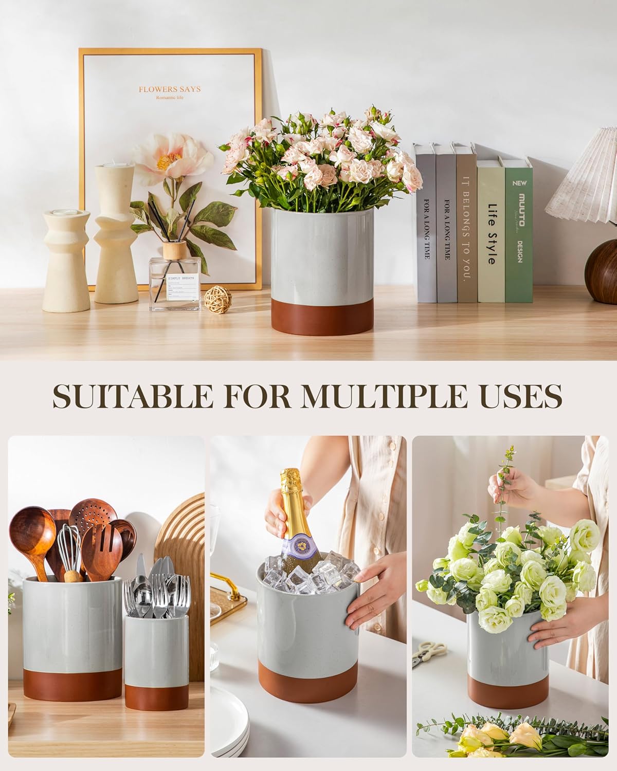 MALACASA Utensil Holder, 7.3"+5.5" Ceramic Kitchen Utensil Holder for Countertop, Large Cooking Utensil Crocks for Kitchen Counter, Farmhouse Utensils Organizer, Set of 2, Khaki Gray, Series TARA