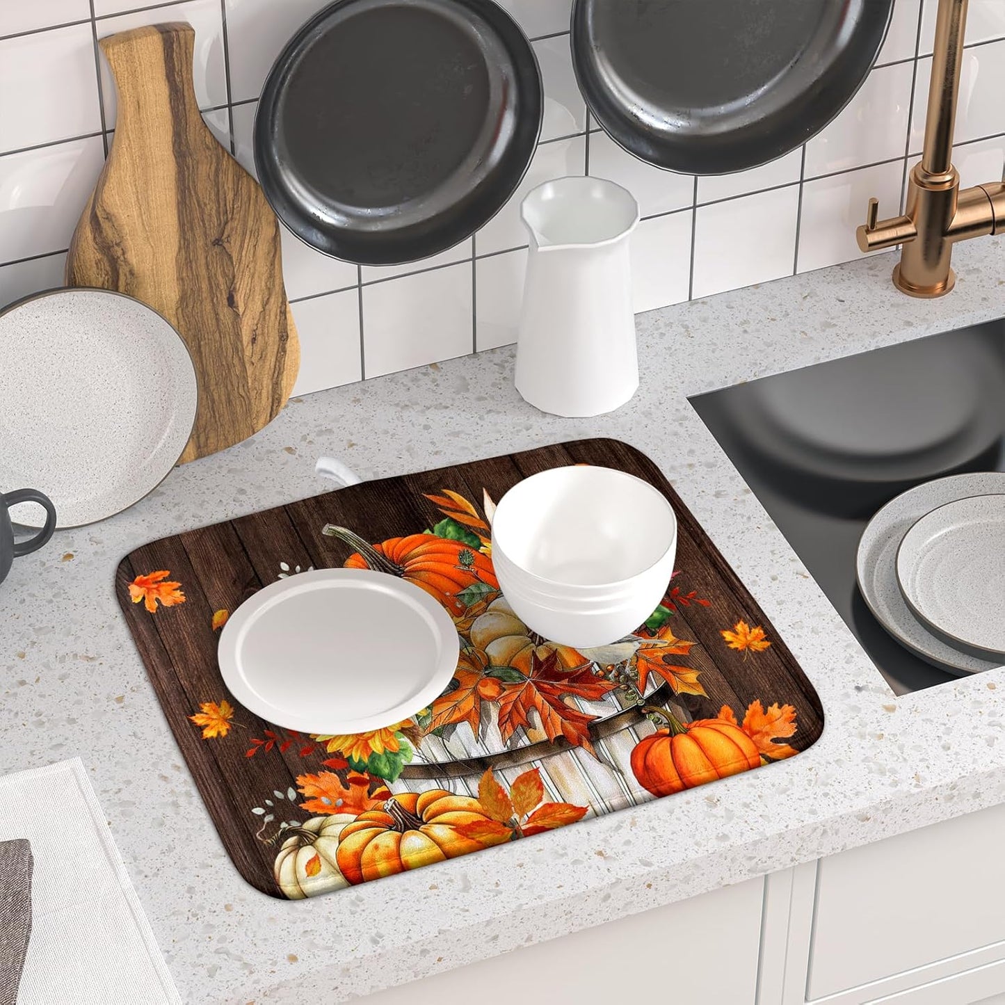Fall Pumpkin Dish Drying Mat for Kitchen Counter Decor 16x18 Inch Halloween Thanksgiving Dish Drainer Mats Absorbent Reversible Dishes Pad
