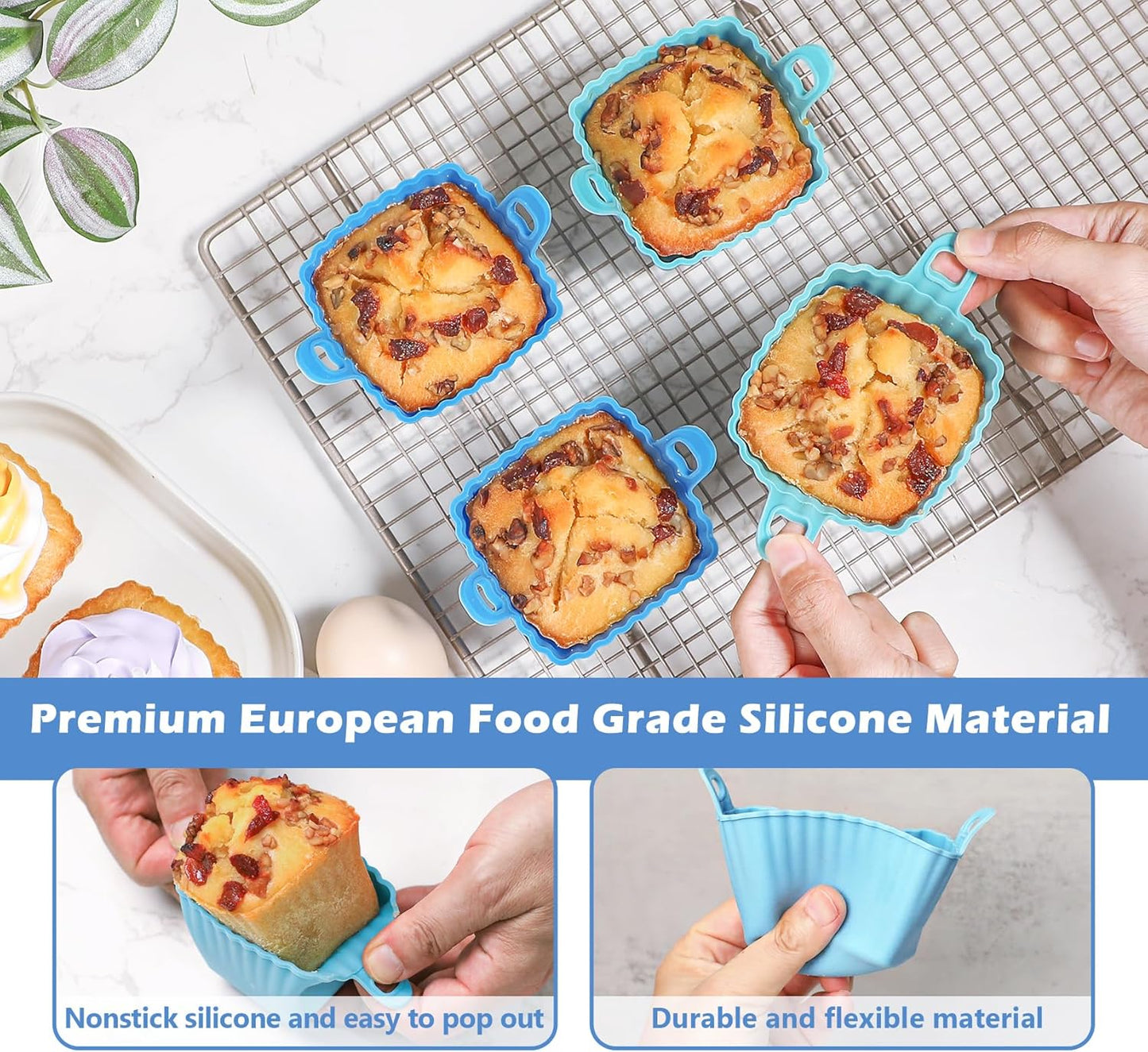 Koluti Reusable Silicone Baking Cups Set of 4, Nonstick Muffin Cupcakes Mold with Double Handle, BPA Free, Small Square Air Fryer Cupcake Liners, 2 Color