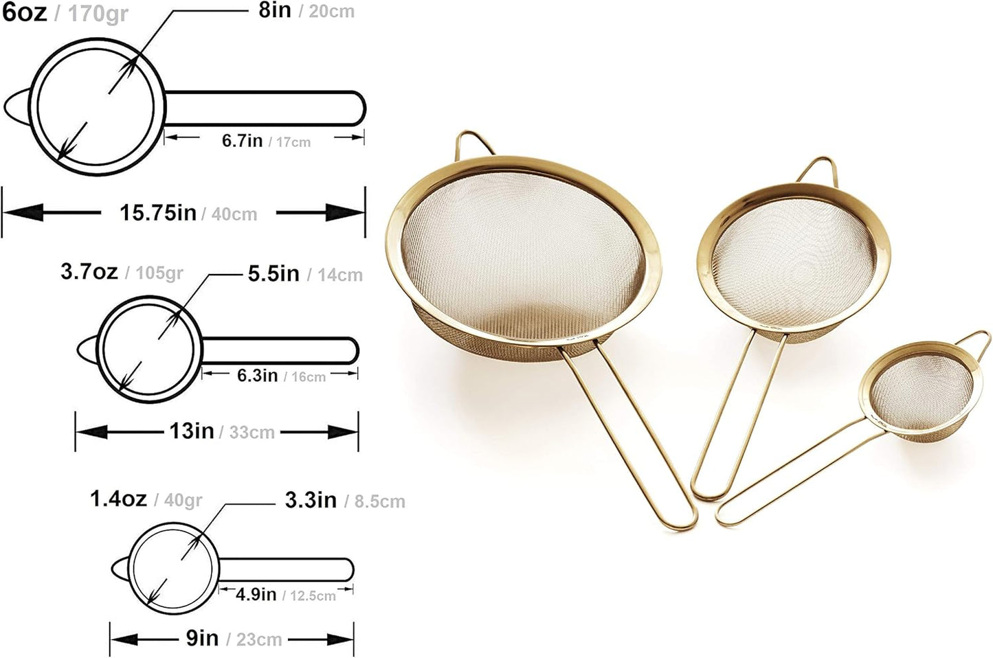 Strainer Set Fine Mesh – Premium 304 Stainless Steel (18/8) – 8″, 5.5″ and 3.3″ Sturdy Kitchen Strainers (Gold)