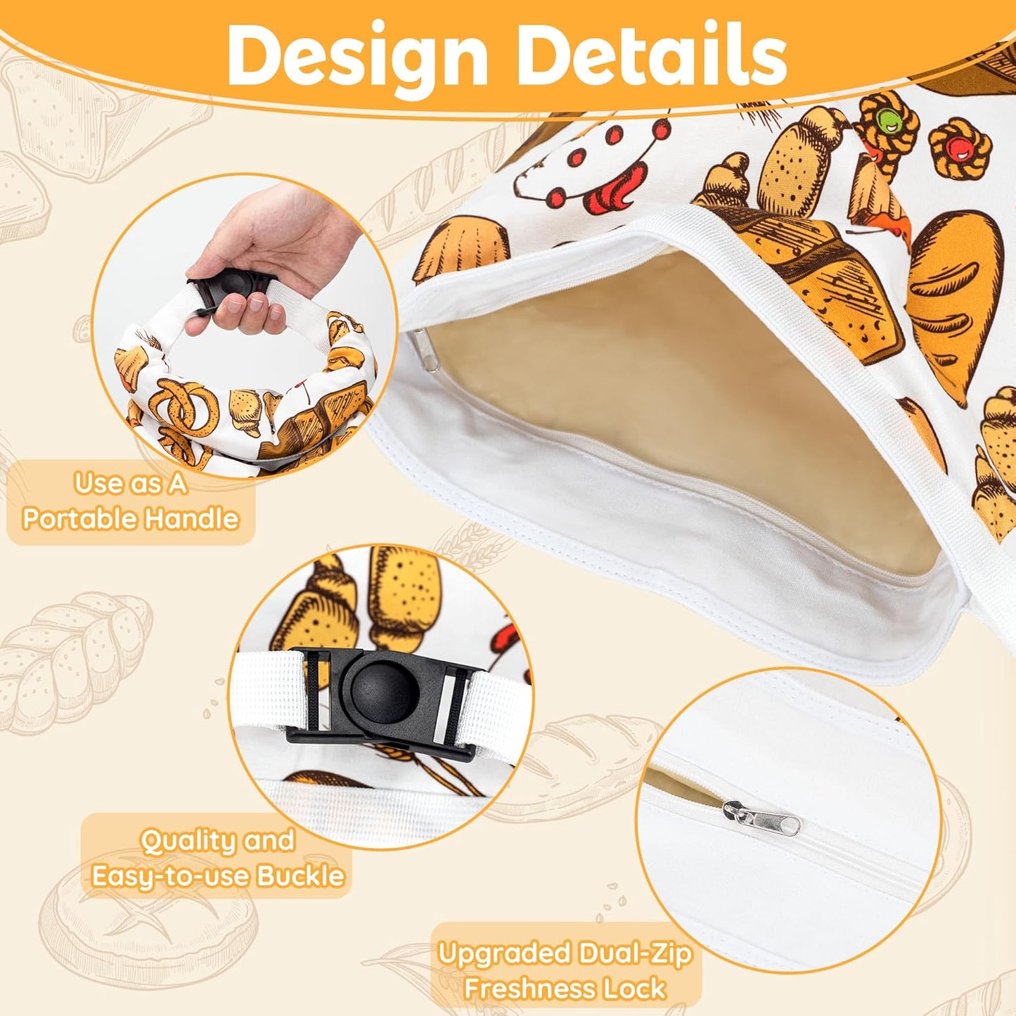 Reusable Beeswax Bread Bag for Homemade Bread & Sourdough Loaf, Fridge-Safe Storage Container with Dual-Zip Freshness Lock & Food Lables Note Dates on, Natural Cotton and Beeswax Lining Keep Fresh