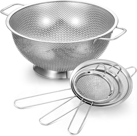 Norme 5 Quart Stainless Steel Silver Colander and 3 Pcs Silver Fine Mesh Strainer, Stainless Steel Pasta Rice Food Metal Strainer with Handles, Easy Clean and Dishwasher Safe