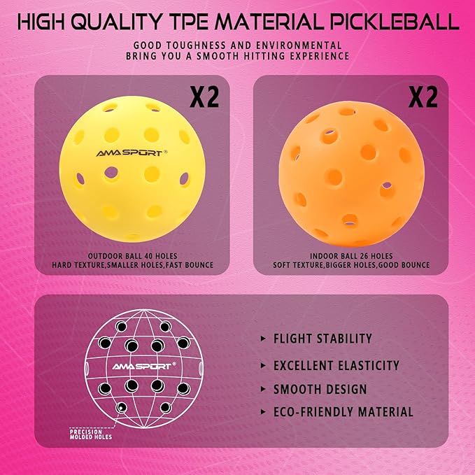AMA SPORT Pickleball Paddles Set of 2 USAPA 1Portable Carry 2 Pickleball 3 Edge 4 Pickleballs, 2 Grip
