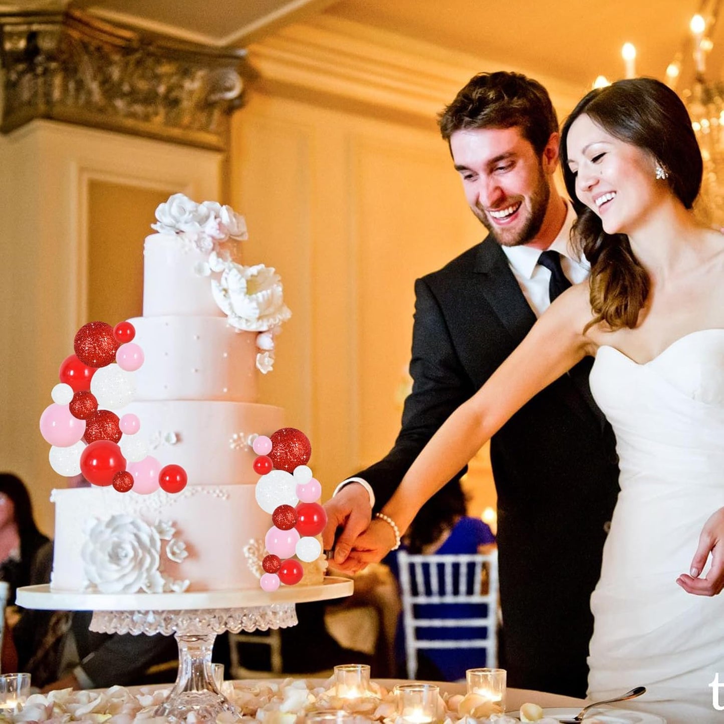 BEISHIDA 40 Pcs Foam Ball Cake Toppers with Sticks Mini Ball Cake Decorations for Birthdays, Weddings, Valentines, DIY Baking Supplies, Anniversary Party (Red, Pink, White)