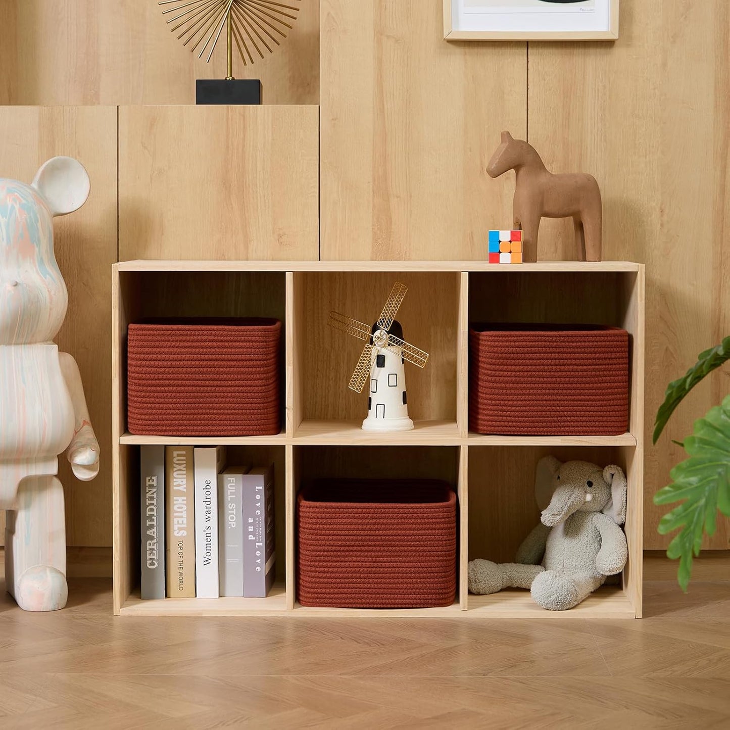 Small Organizing Baskets for Cubes Shelf, 9.7x9.7x7.1 Inch Rope Woven Storage Bins for Nursery Shelves Storage, Cute Toy Basket, Square 3 Packs Oxide Red