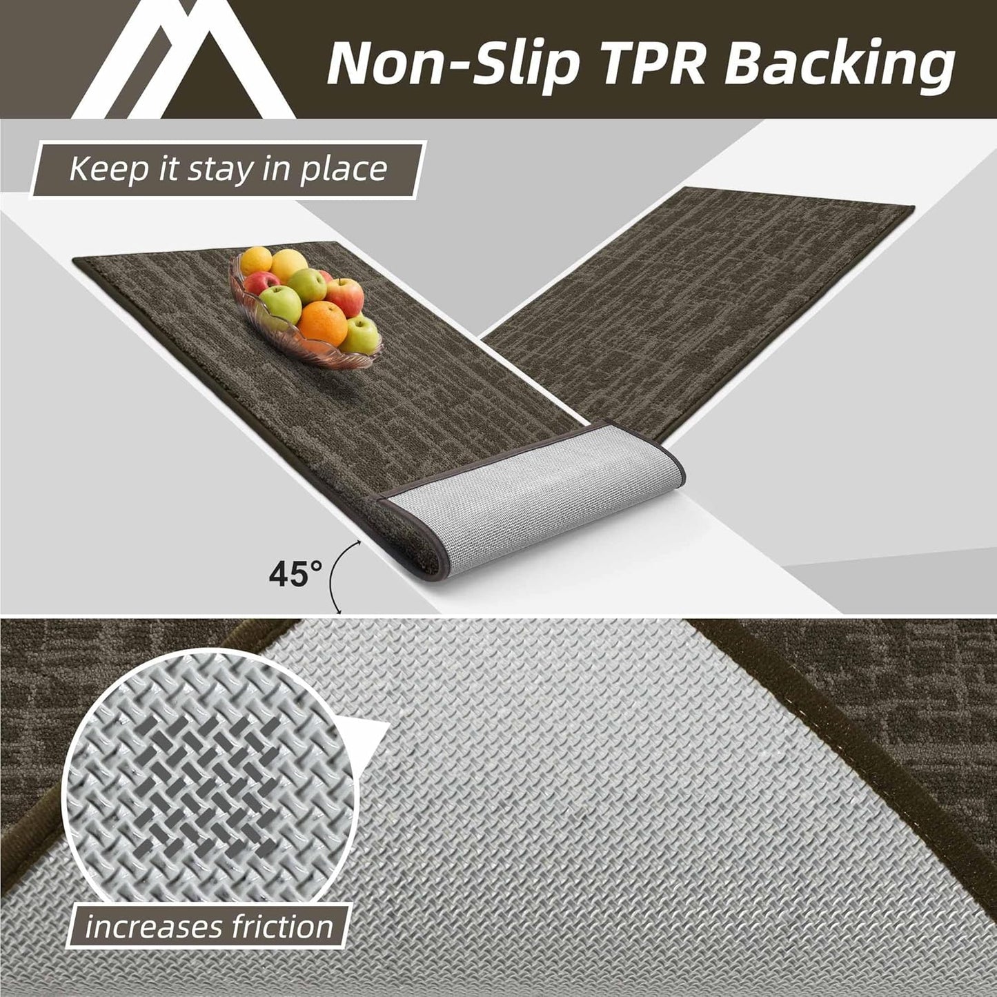 COSY HOMEER Kitchen Rugs 20"x32"+20"x48" Absorbent Soft Kitchen Mats for Floor Non Slip Kitchen Runner Rug Polyester Washable Kitchen Floor Mats for Sink Mat,Hallway,Laundry,Brown