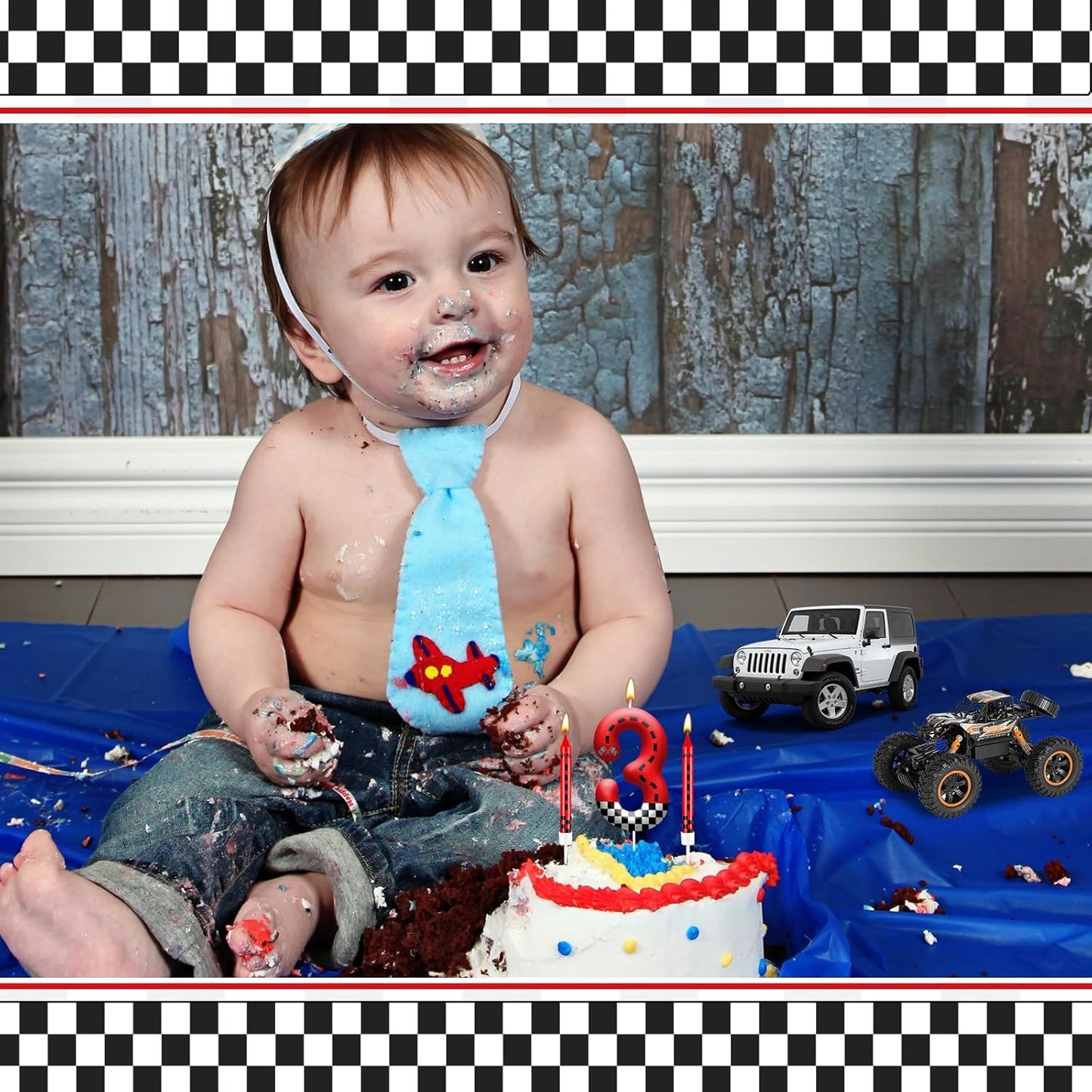 13PCS Racing Car Theme Birthday Candle Set with Checkered Flag Design - Durable Cake Topper for Race Car Party Decorations, Kids Birthday Supplies - Number 3 Candle for Racing-Themed Celebrations