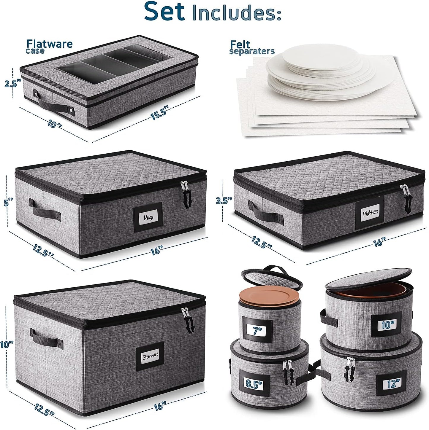 STORAGEBUD China Storage Containers Hard Shell, 8 Piece Flatware & Utensil with Mug Storage, Wine Glass 4 Dish Platter Case, Padded Dinnerware Containers, (sb-hds-09)