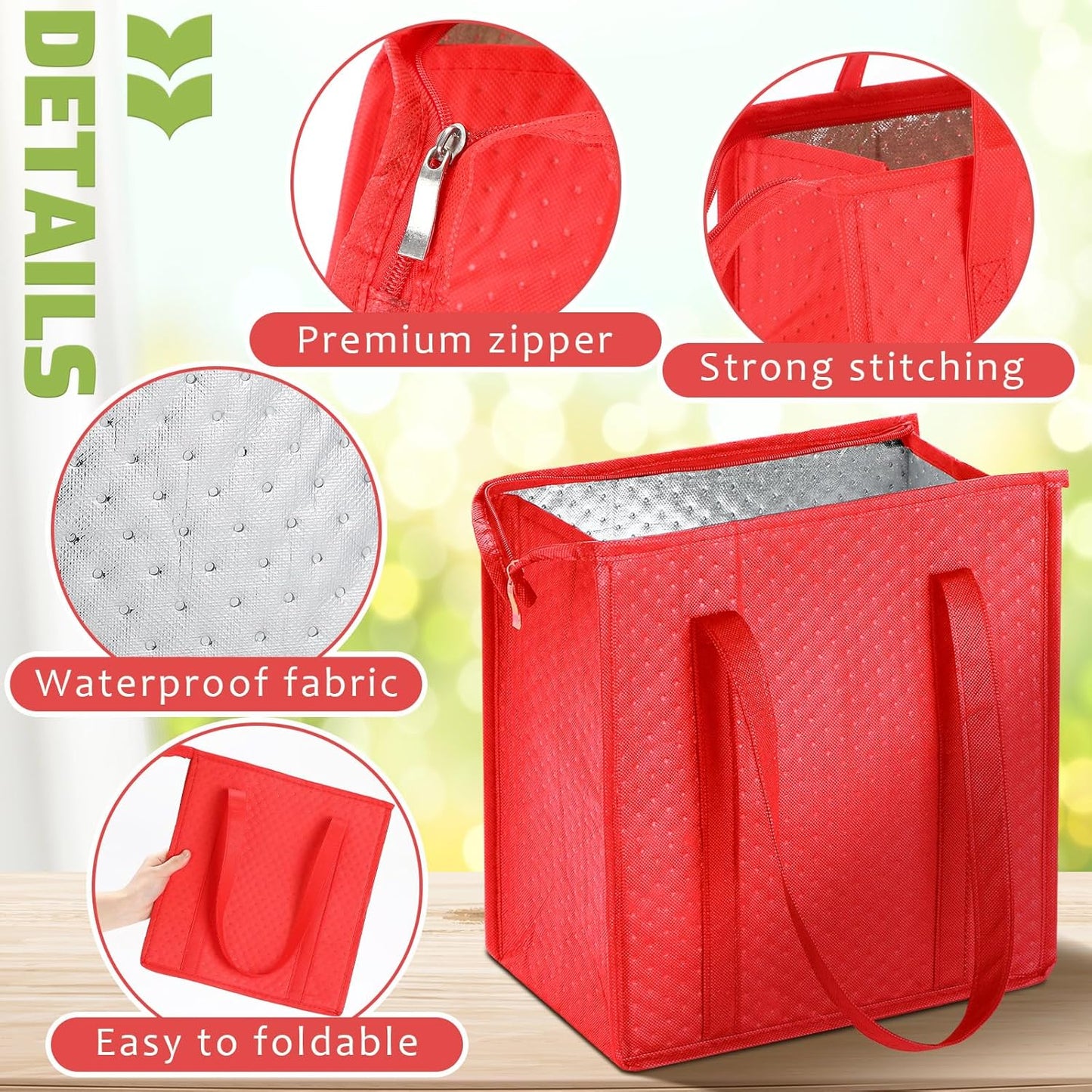 Paterr 4 Pcs Insulated Grocery Bags Large Reusable Insulated Cooler Bags with Zipper Top Shopping Totes for Hot or Cold Food