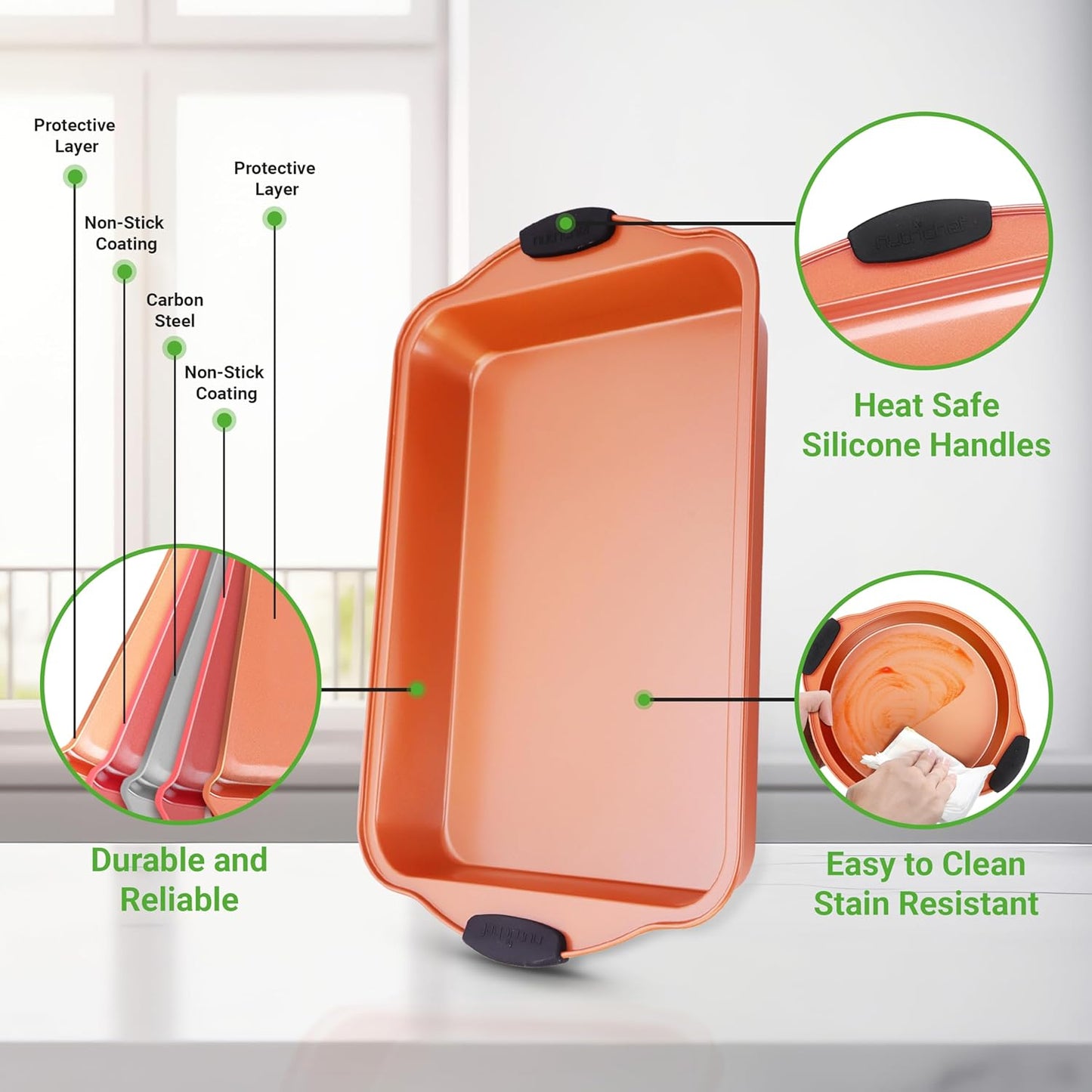 NutriChef 8-Piece Baking Pans Set - Nonstick Bakeware Set w/Silicone Handles, Includes 12 Cup Muffin, Round Cake, Pizza, Loaf & Square Pan, & Cookie Sheet - Dishwasher Safe & Easy Cleanup - Copper