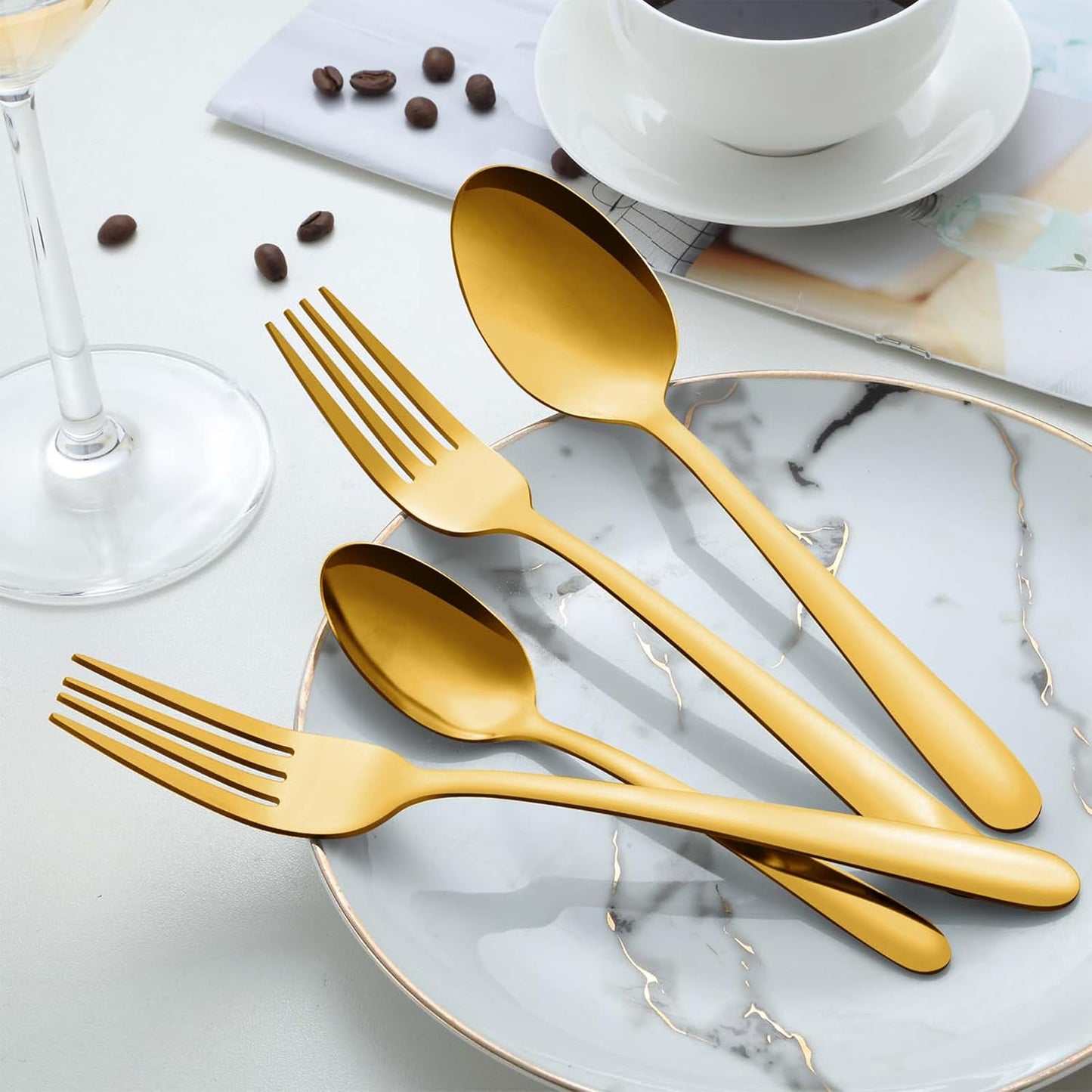 Pleafind 36Pcs Gold Dinner Spoons Set - 7.4 inch, Spoons Silverware, Stainless Steel Spoon, Mirror Polished Tablespoon, Gold Silverware Set for Home, Kitchen, Restaurant, Dishwasher Safe