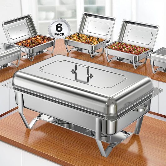 Chafing Dishes for Buffet (9QT, 6 Pack) - Easy Assembly, Food-Grade Stainless Steel Chafers for Catering w/Rolled Edge Design, Foldable Frame, for Party, Banquet (Full Size Food Pan)