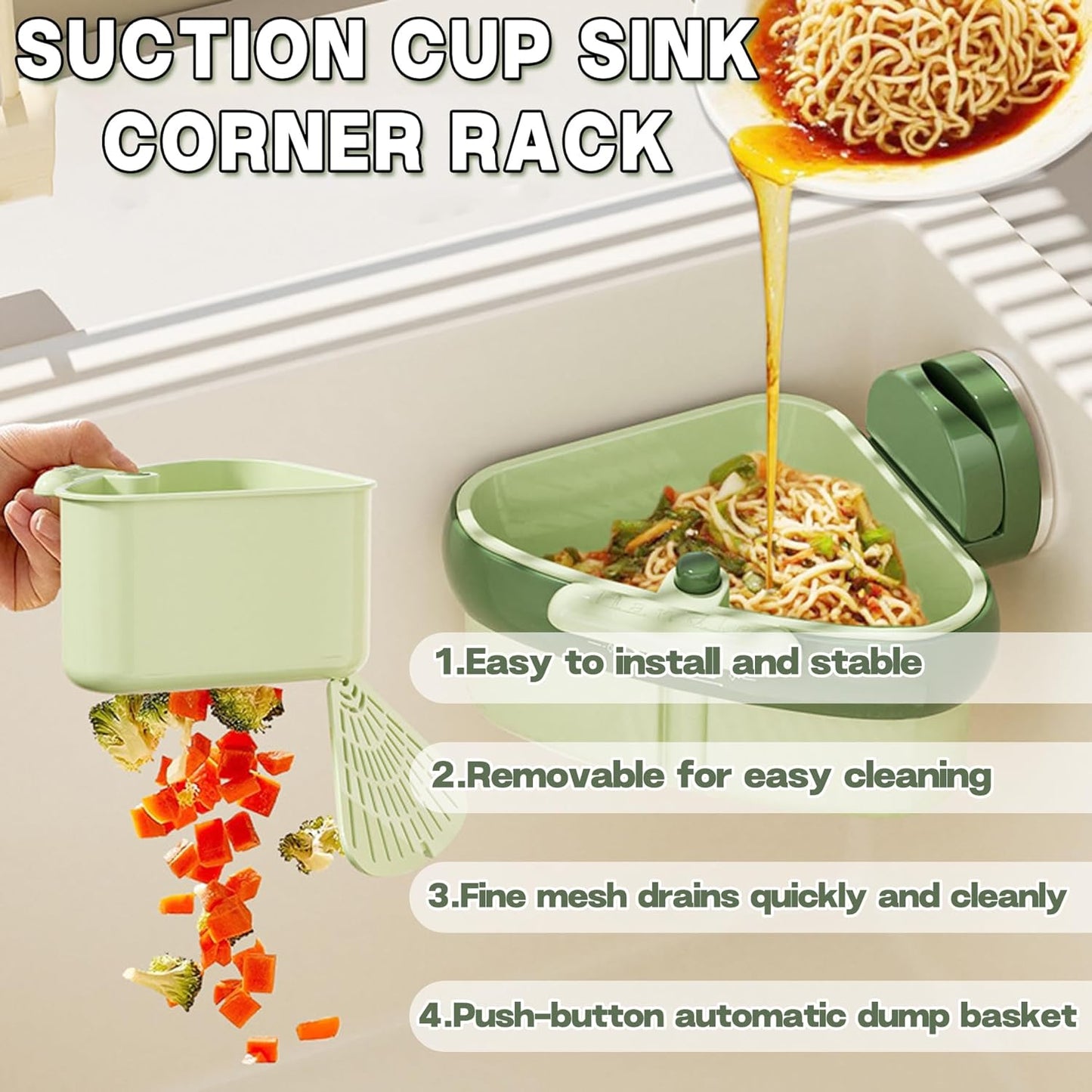 Suction Cup Sink Corner Rack, Suction Cup Press Sink Drainer Basket, Sink Strainer Basket, Sinks Trash Food Waste Catcher, Triangle Storage Rack with Drain Hole (Orange)