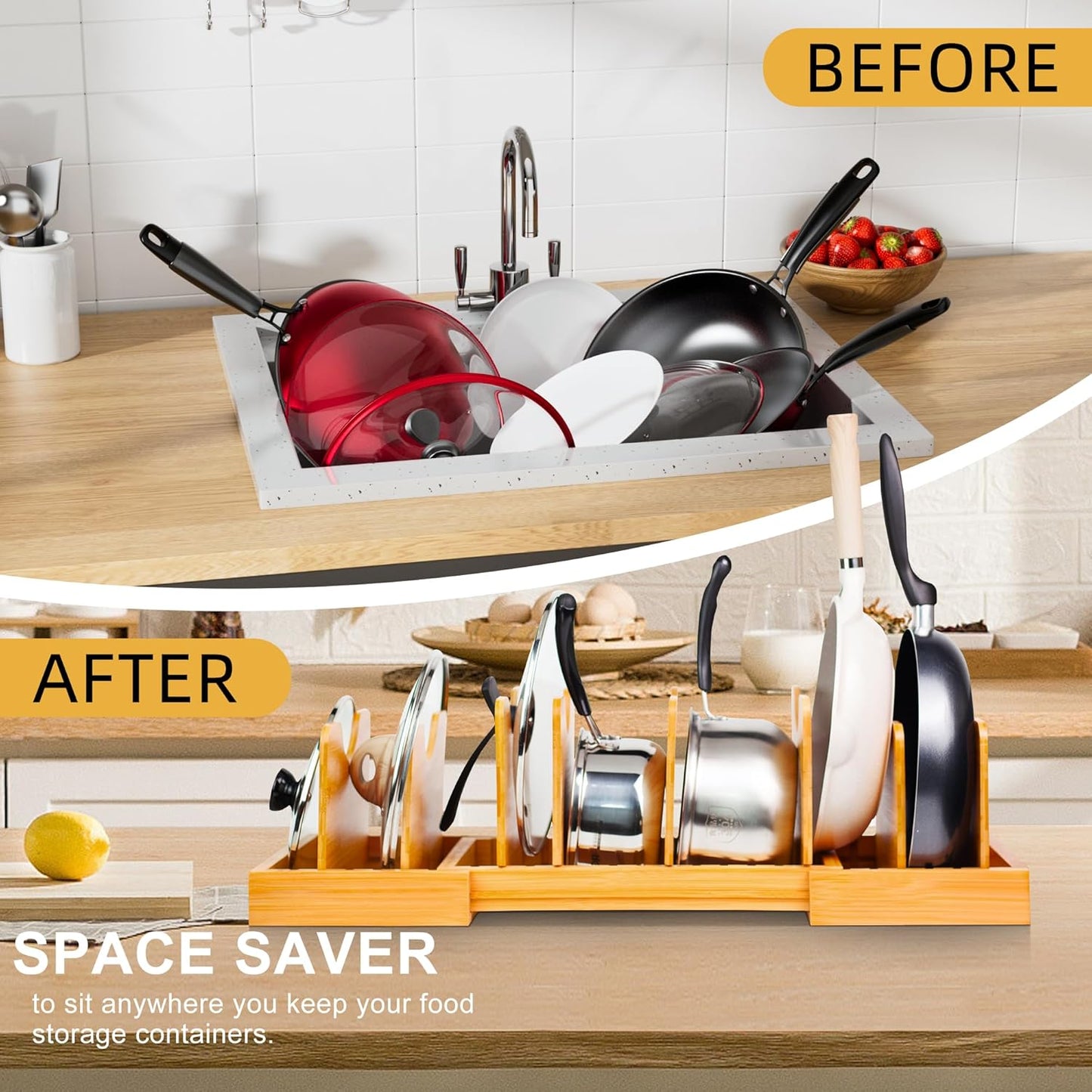 MinBoo Bamboo Expandable Pot Lid Organizer Pot Lid Holder, Pot and Pan Organizer Drawer Organizer for Pot Lids, Adjustable Dividers for Kitchen Cabinet Organizers and Storage,Large