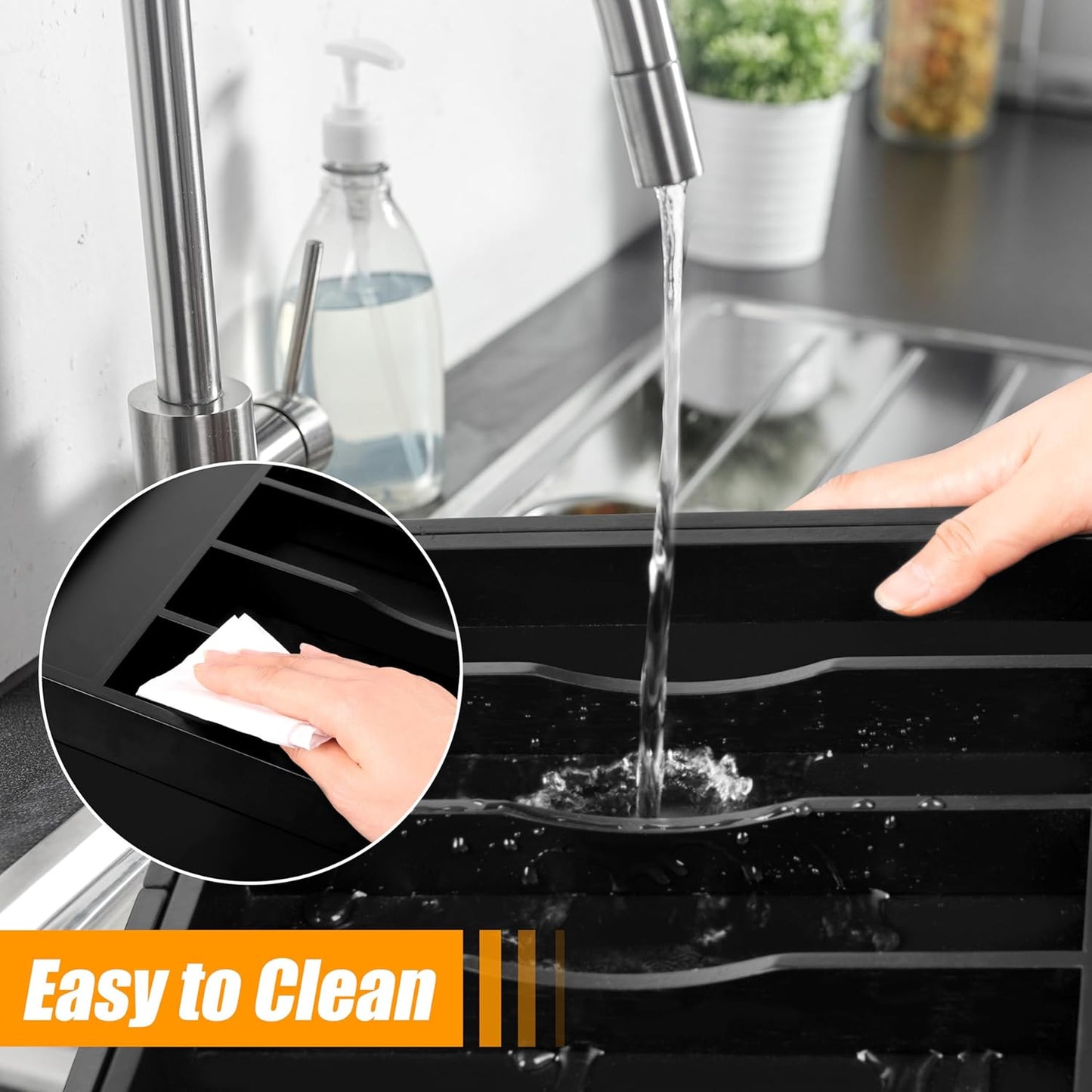 Bellsal Large Premium Bamboo Silverware Organizer - Expandable Utensil Drawer Organizer - 17"x19.6" Utensil Holder and Cutlery Tray with Grooved for Kitchen Flatware and Utensils(7-9 Slot, Black)