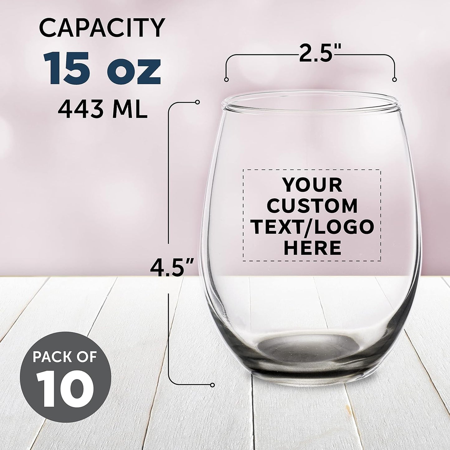 Custom Stemless Wine Glasses in Bulk by ARC Perfection, 15 oz, 10 pack, Personalized Text, Logo, Red or White Wine Glass Set, Black