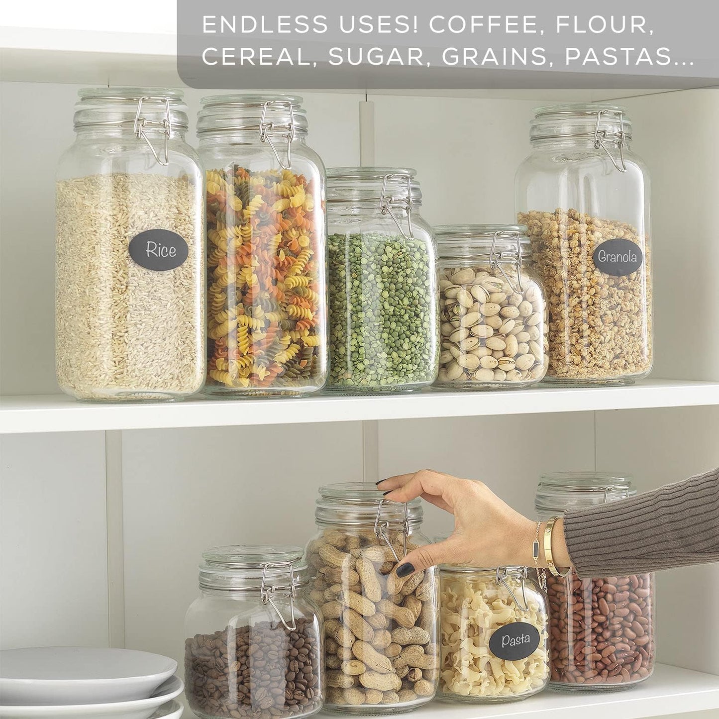 JoyJolt Airtight Glass Jars with Lids Set of 3. 78oz Glass Jar with Lid and 6 Silicone Seals! Large Glass Food Storage Containers. Square Mason Jar for Candy, Flour, Pasta Containers for Pantry