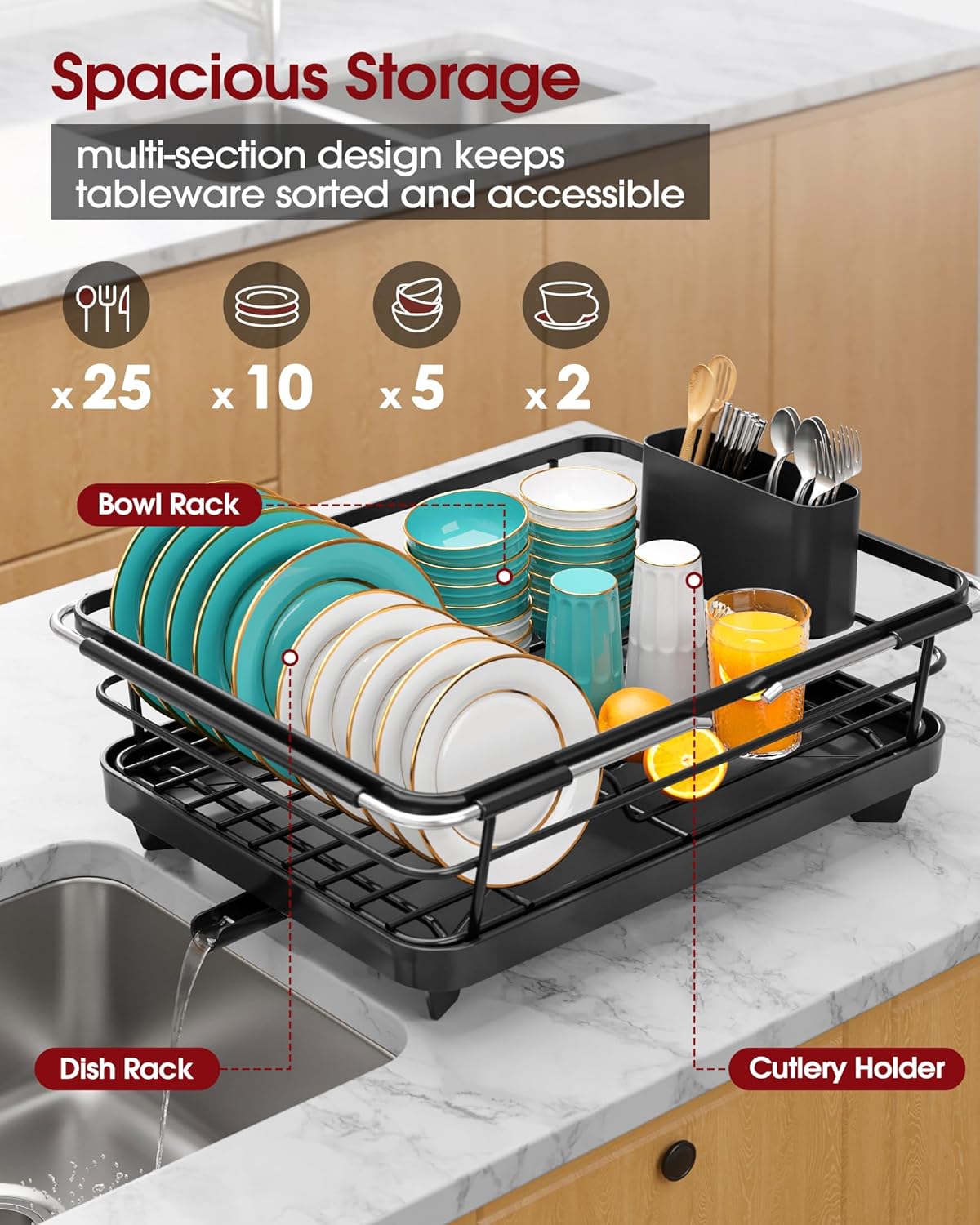 Over Sink Dish Drying Rack with Drain Board, Stainless Steel 2 in 1 Sink Organization and Storage, Dish Drainer for Kitchen Counter, Home and Apartment Essentials, 12" W x 16.1~23" L, Black