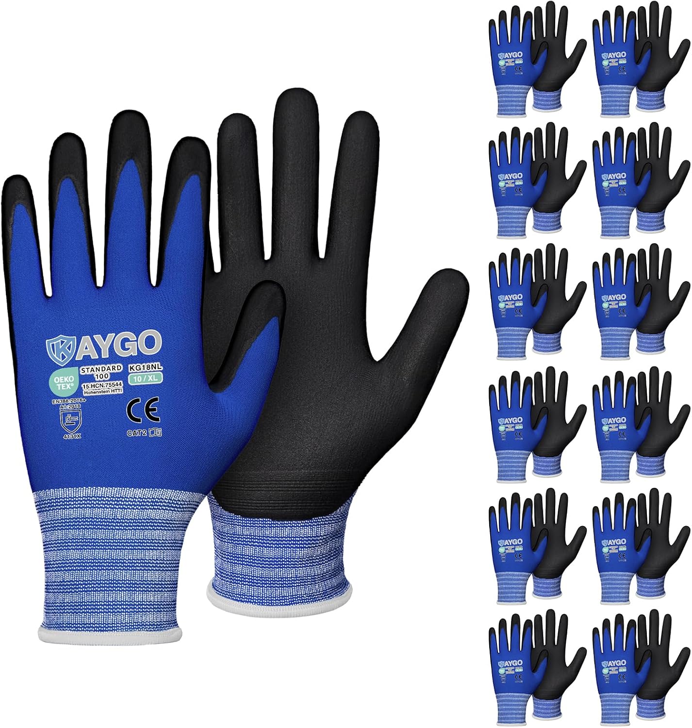 Safety Work Gloves MicroFoam Nitrile Coated-12 Pairs,KAYGO KG18NB,Seamless Knit Nylon Glove with Black Micro-Foam Nitrile Grip,Ideal for General Purpose,Automotive,Home Improvement,Blue