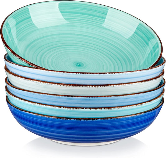 vancasso Bonita Pasta Bowls Set of 6, 38 oz Shallow Bowls, Ceramic Pasta Plates and Salad Bowls, Microwave & Dishwasher Safe Serving Bowls, Blue