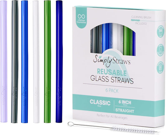 Simply Straws 6 Inch Glass Straws Straight (6-Pack) – Reusable Glass Straws for Low Balls & Stemless Glasses, with Cleaning Brush – Dishwasher Safe, Hot & Cold Use, BPA-Free (Seaglass)
