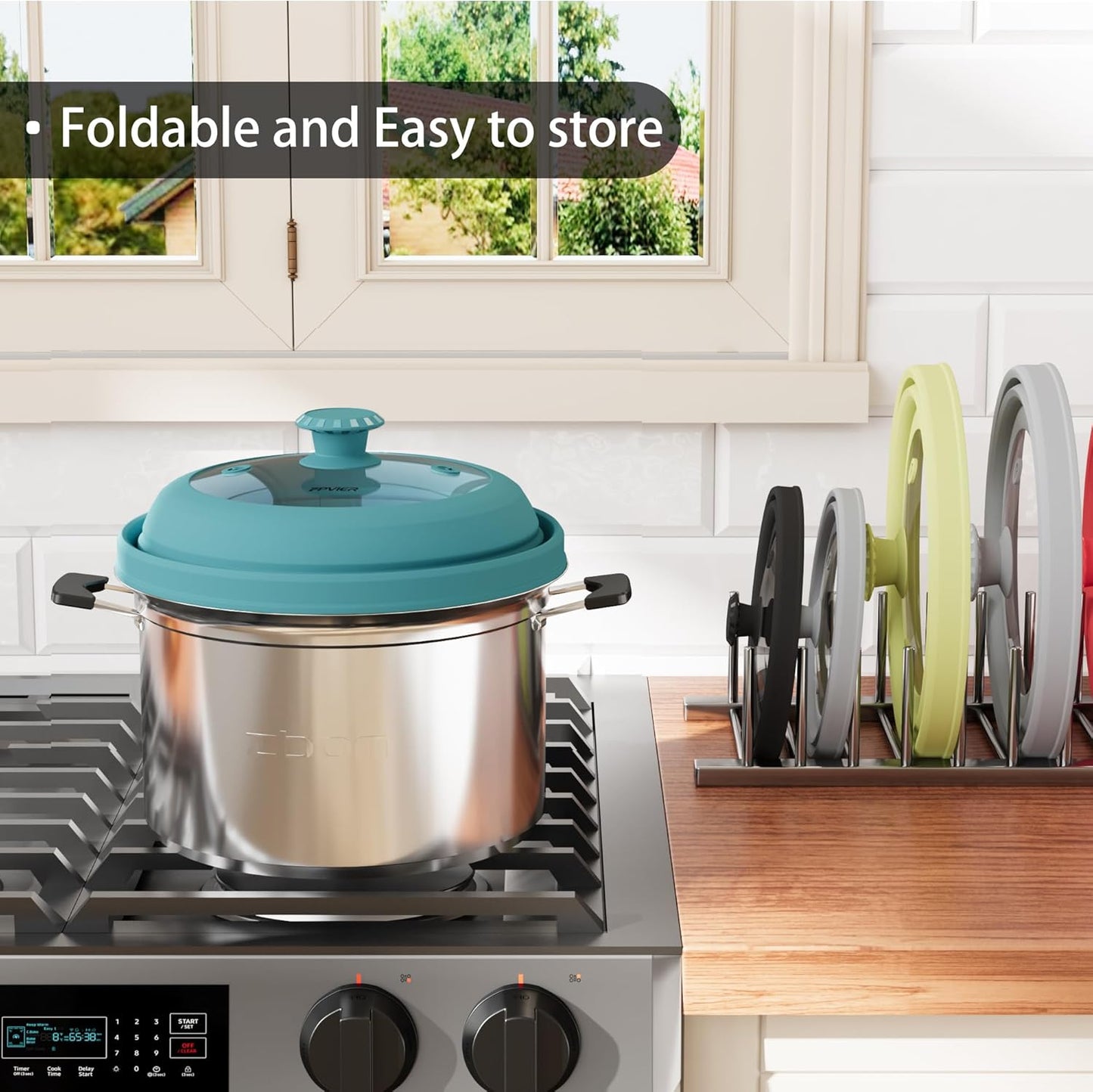 Collapsible Microwave Splatter Cover - Vented Silicone & Glass Lid with Easy-Grip Handle, Fits 6 to 8 Inch Plates & Bowls, 9 Inch Diameter, Prevents Splatters & Ensures Even Heating