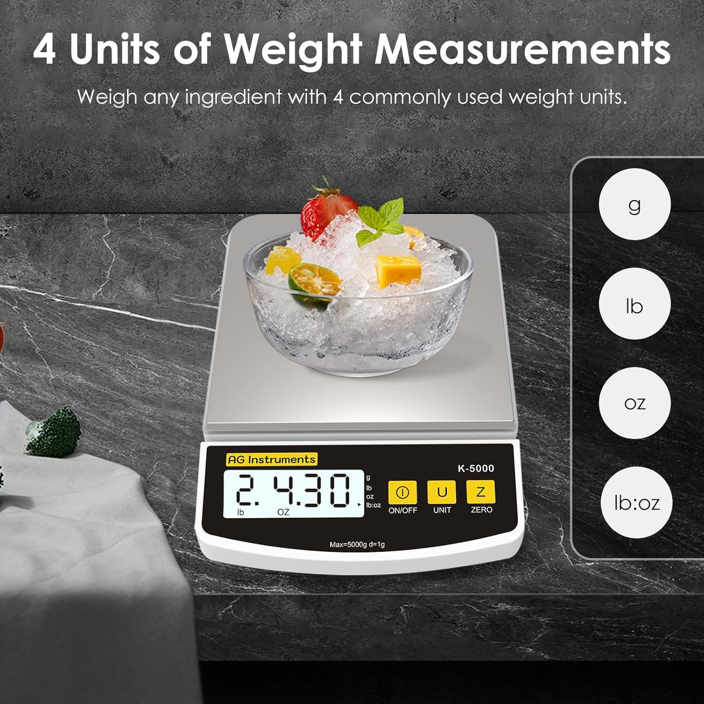 11lb/1g Digital Food Kitchen Scale, Multi-Functional Grams Ounces for Cooking Baking Diet Meal Prep Weight Loss, 4 Units, Stainless Steel Zero Tare Function