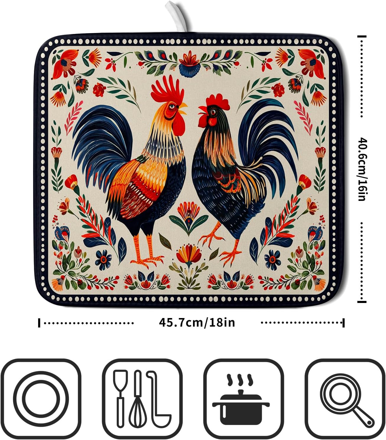 Roosters Chicken Dish Drying Mat for Kitchen Counter Absorbent Microfiber Drying Pad 16 x18 In