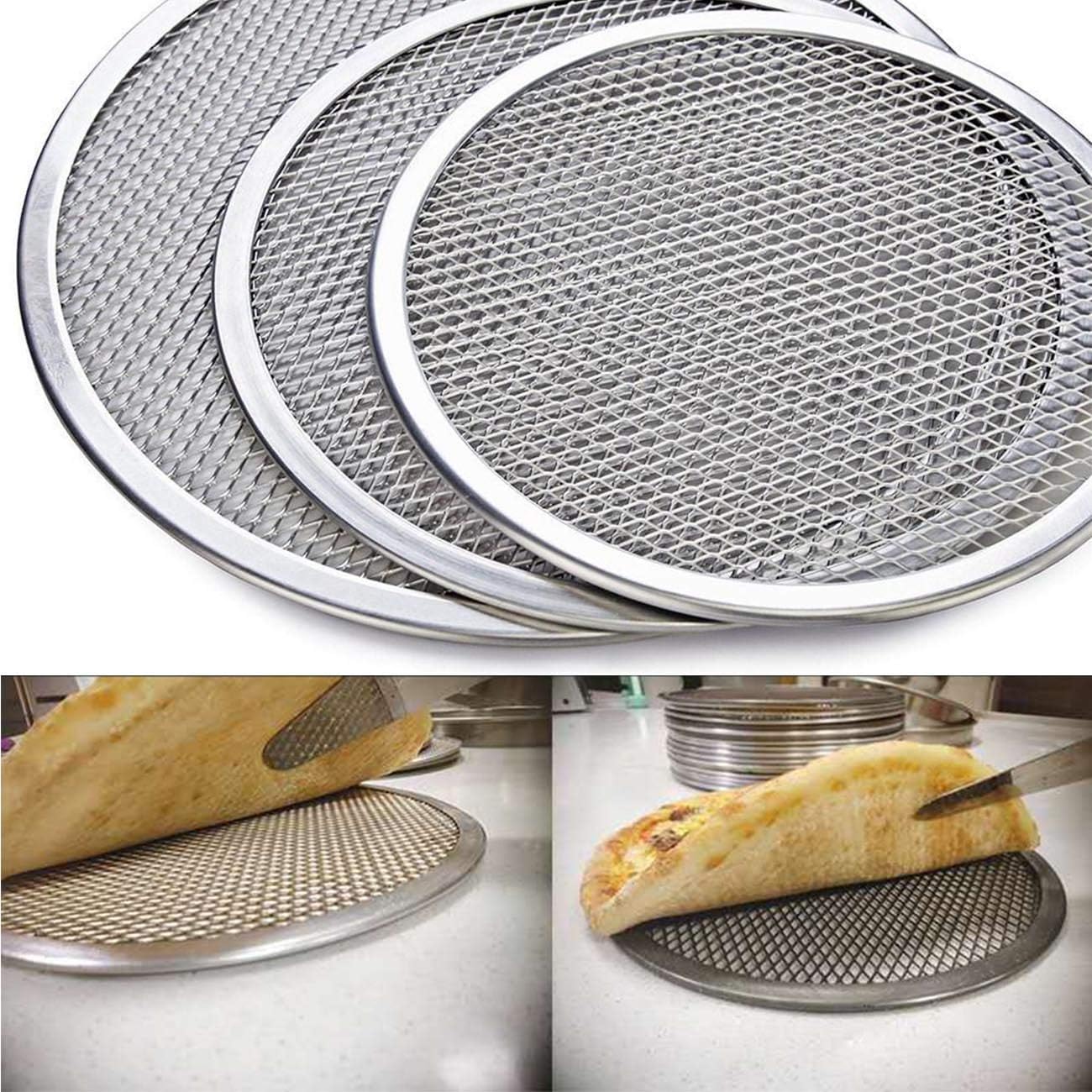 Pizza Screen, 3PCS Aluminum Alloy Seamless Pizza Screen Non Stick Mesh Net Baking Tray Cookware Kitchen Tool For Oven, BBQ 10 inch and 12 inch,14 inch