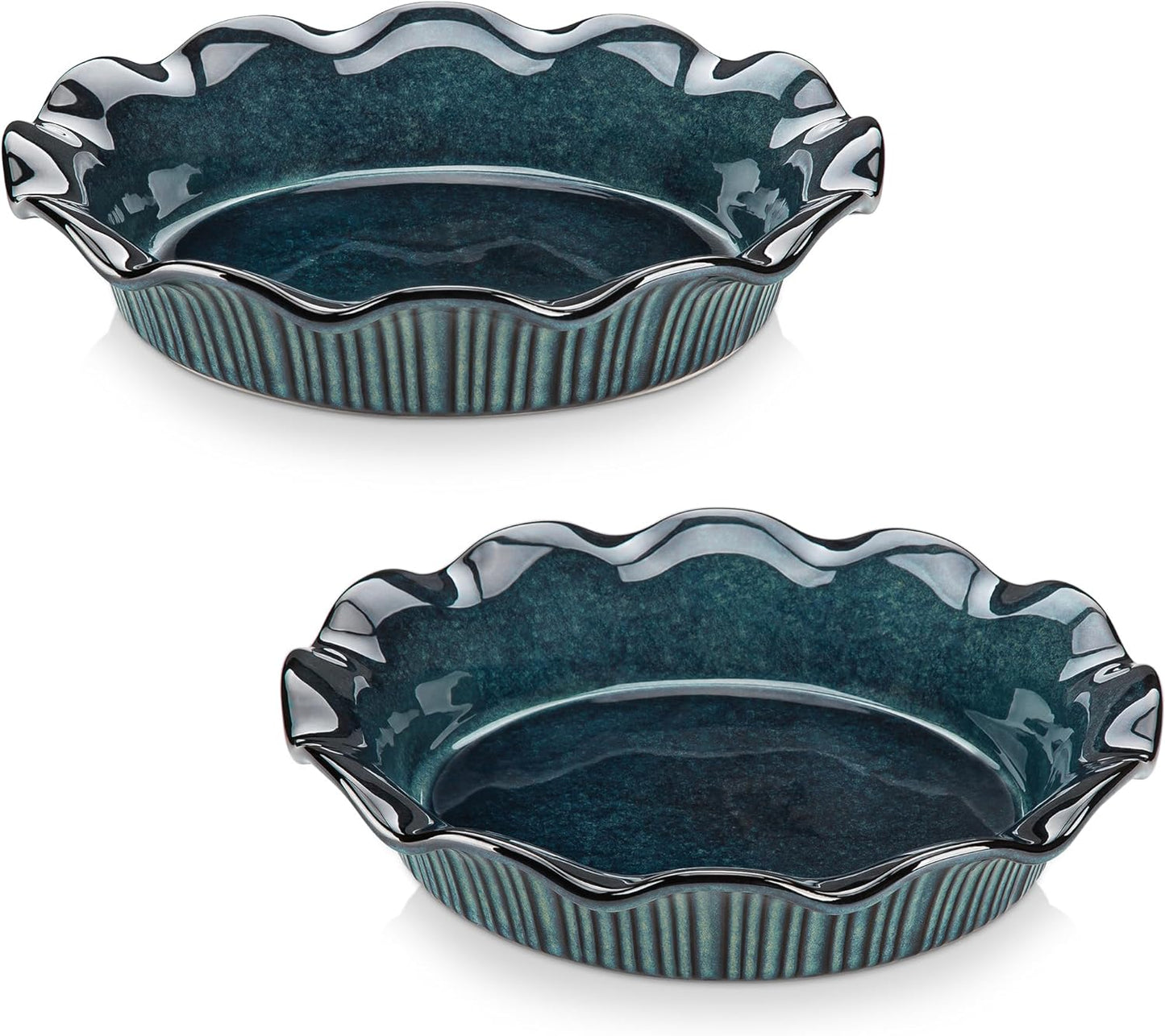 vancasso Stern Ceramic Pie Pan, 9 inch Pie Pans with Ruffled Edge, Deep Pie Dishes for Baking, Round Pie Plates for Apple, Quiche, Pot Pies, Tart, Oven & Dishwasher Safe, Set of 2, Green
