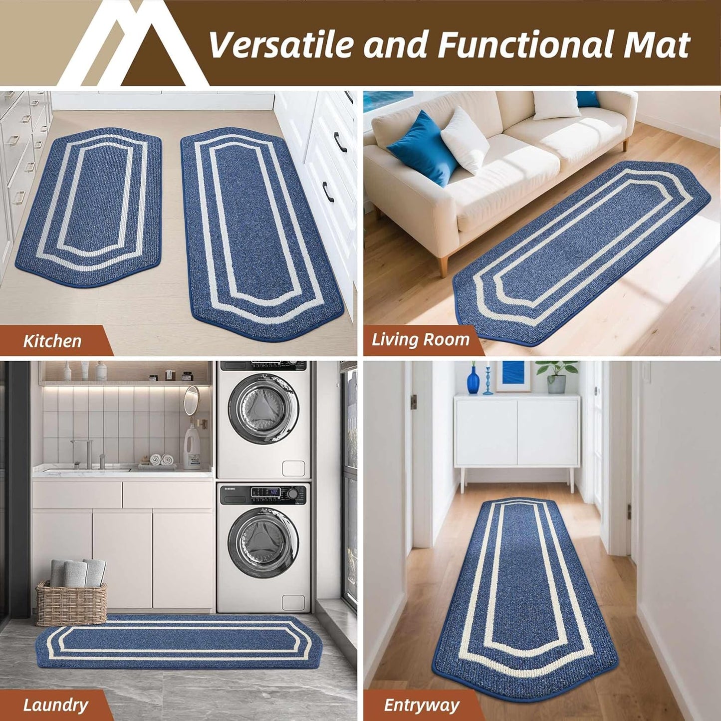 COSY HOMEER Long Kitchen Floor Mats for in Front of Sink Super Absorbent Kitchen Rugs and Mats 24"x48"+24"x59"Non-Skid Kitchen Mat Standing Mat Washable,Polypropylene,Blue,Frame