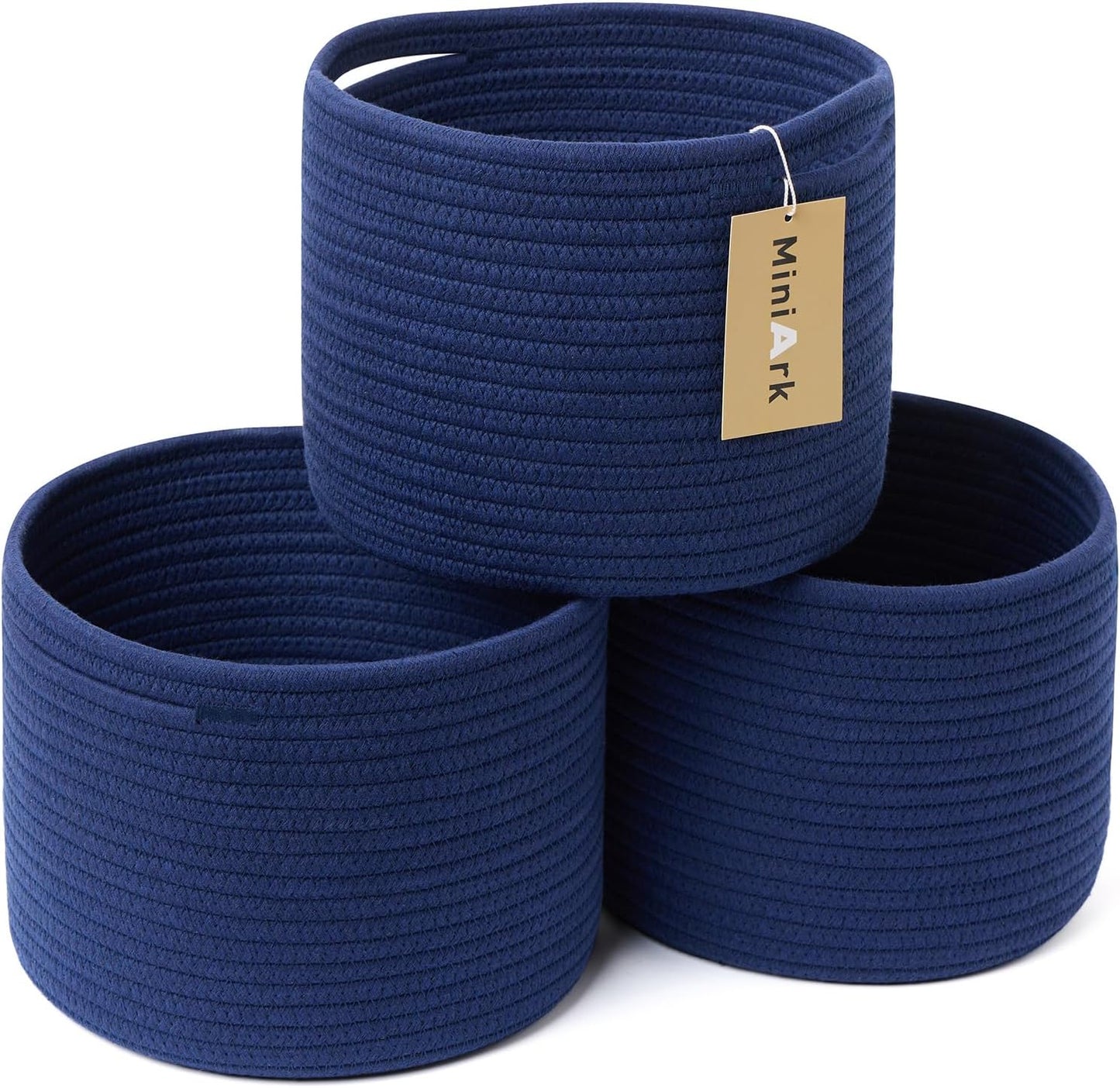 Small Basket for Organizing | Cube Shelf Closet Storage Baskets | 9.7×9.7×7.1” | Woven Rope Gift Basket | Nursery | Round 3 Packs Navy Blue