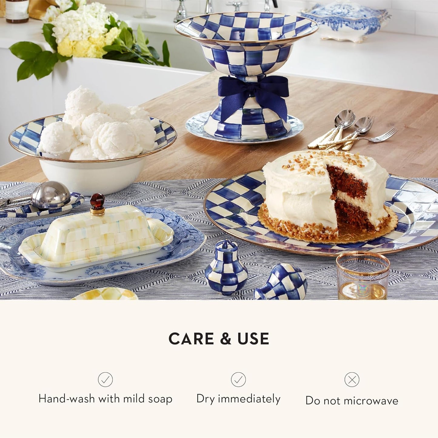 MACKENZIE-CHILDS Enamel Serving Platter, Decorative Serving Platter for Food, 16 Inches, Blue-and-White Royal Check