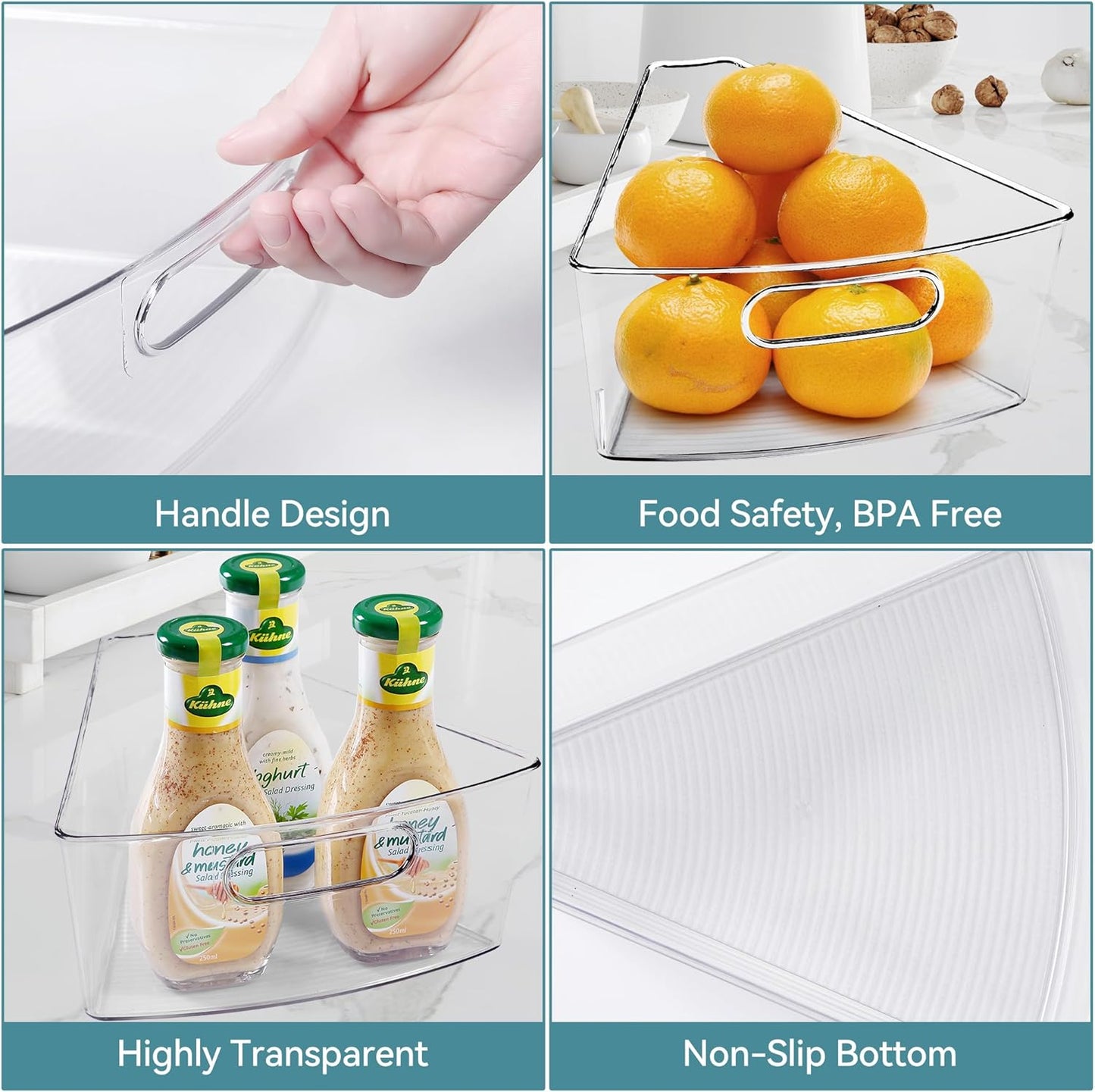 Oubonun Lazy Susan Organizers Set of 6, 11.6’’ x 10.2’’ x 4.1’' Plastic Transparent Kitchen Cabinet Storage Bins with Handle, 4.1" Deep Container, 1/8 Wedge - Food Safe, without BPA