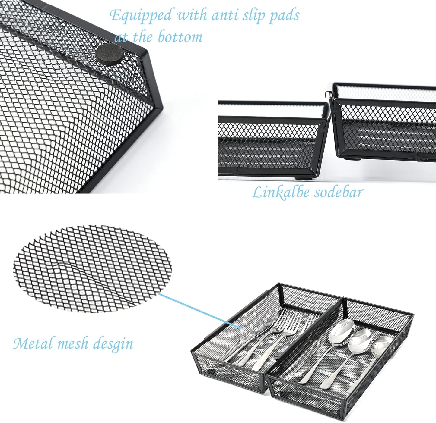 Silverware Organizer ，Mesh Cutlery silverware Tray for Drawer，Tool tray organizer,Utensil Flatware Tableware Organizer for Kitchen,Office,with Non-slip,Fits Standard Drawer,(6x12 IN) 6PSC,Black
