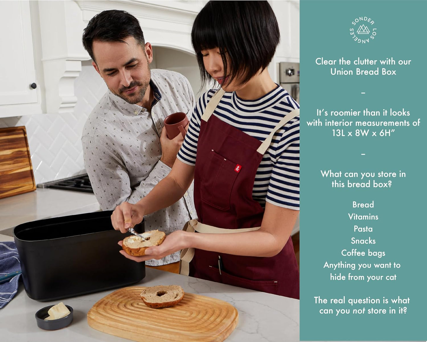 Sonder Los Angeles, Modern Bamboo Fiber and Recycled Plastic Bread Box (Black) for Kitchen Countertop with Reversible Bread Board Wood Lid 14.25 x 9.25 x 7 in