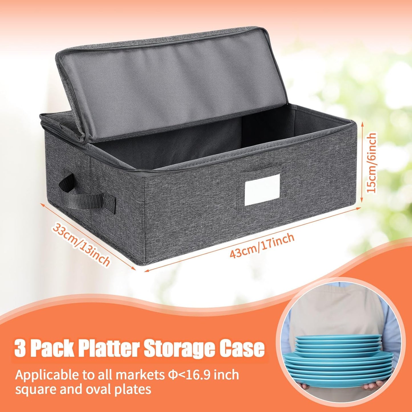 Norme 3 Pcs Platter Storage Case China Storage Container Stackable China Boxes Hard Shell Case Moving Supplies, 17x13x 6 In, 15 Felt Dividers Included, Structured Top, Gray
