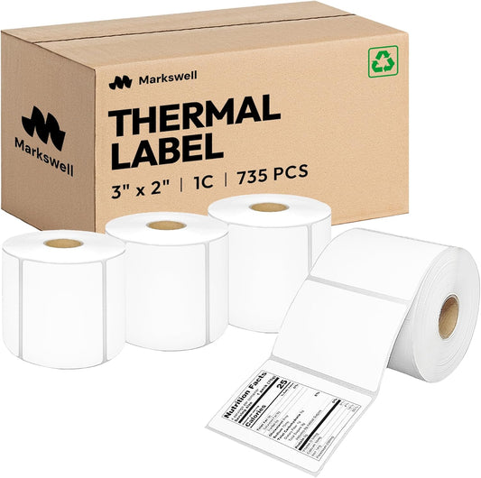 3x2 Direct Thermal Label, Barcode Address Mailing Name Shipping Labels, Perforated Thermal Stickers, Multipurpose, Commercial Grade for Thermal Printer, Strong Adhesive, 735/Roll, 4 Rolls