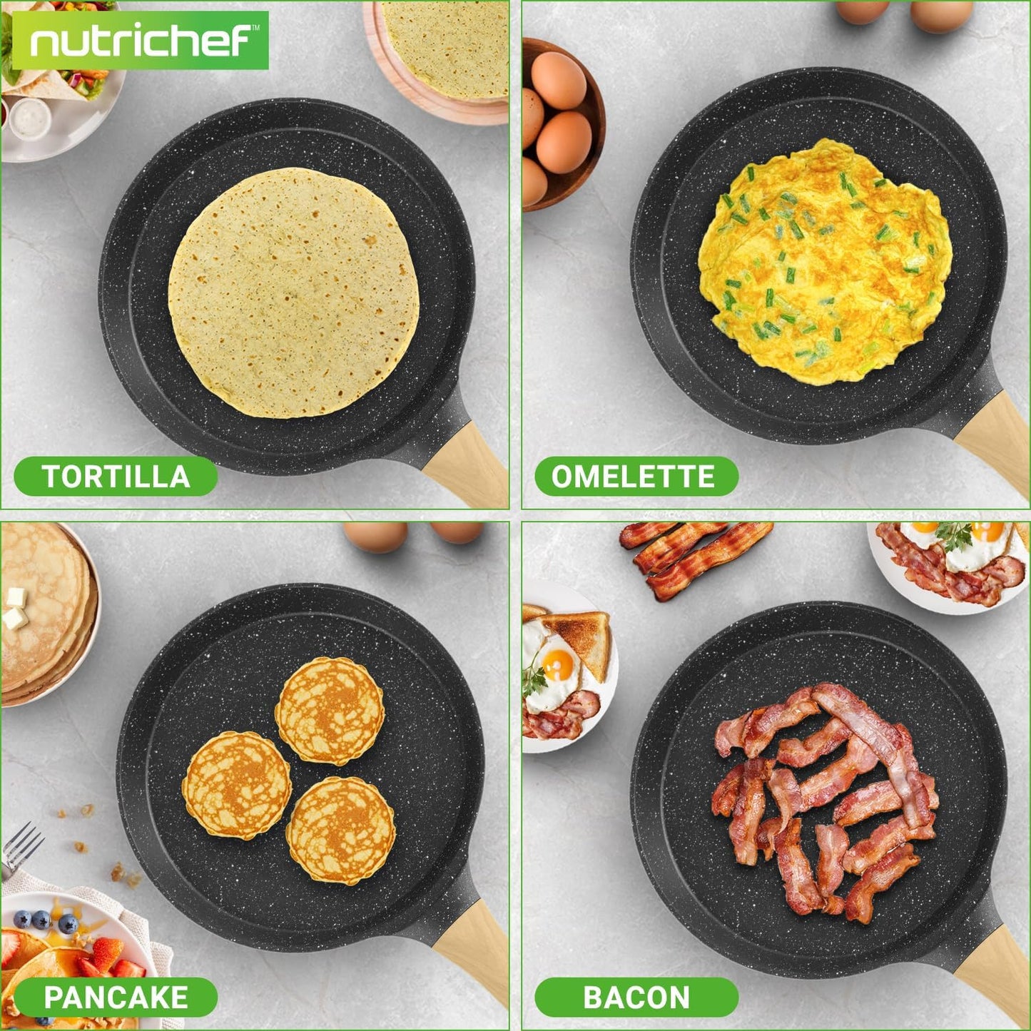 Nutrichef 2-Pack Non-Stick Crepe Pan Set – 11” Marble Coated Dosa Pans with Wooden Spreaders, Bakelite and Wood Handles, Induction-Compatible, Easy-to-Clean, Stain-Resistant (Black Marble)