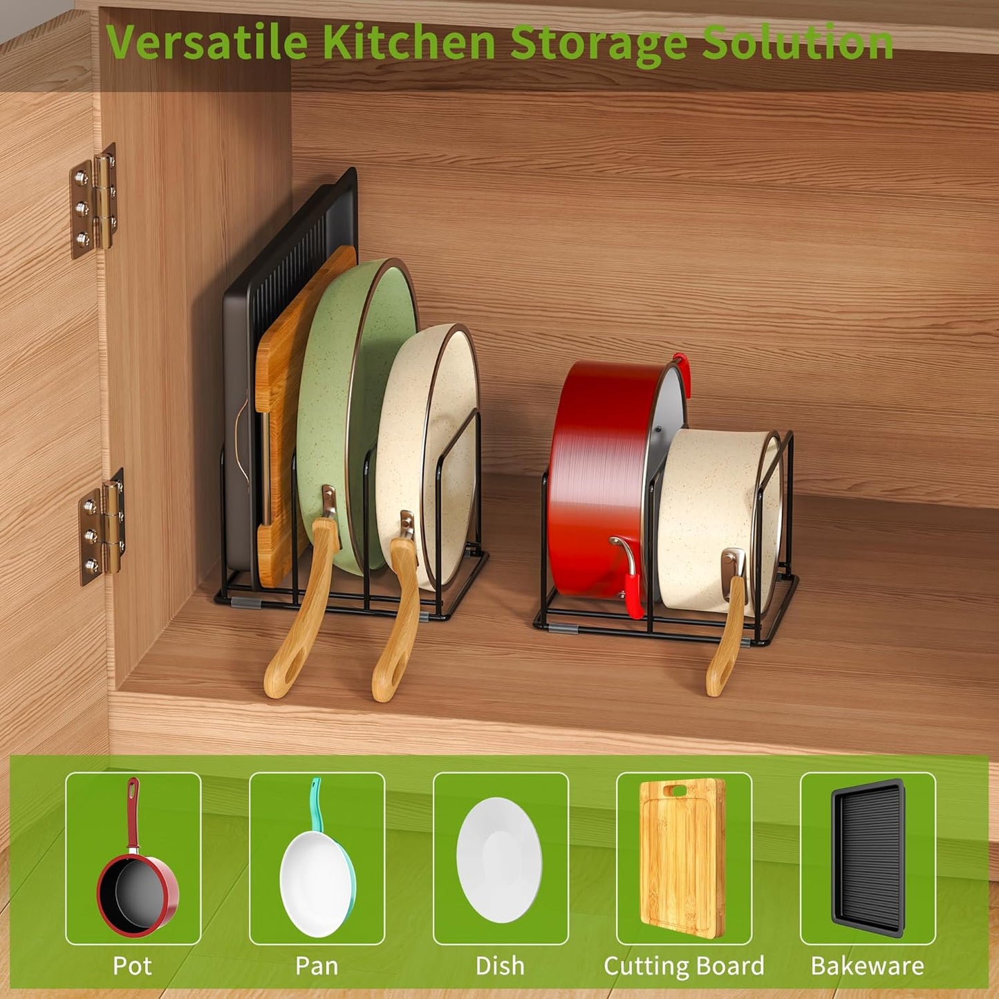 Pan and Pot Organizer Rack, Cutting Board Organizer for Cookie Sheet,Frying Pan inside Cabinet,Baking Pan, Tray Organizer for Kitchen Storage - Total 5 Compartments(2 Pcs)