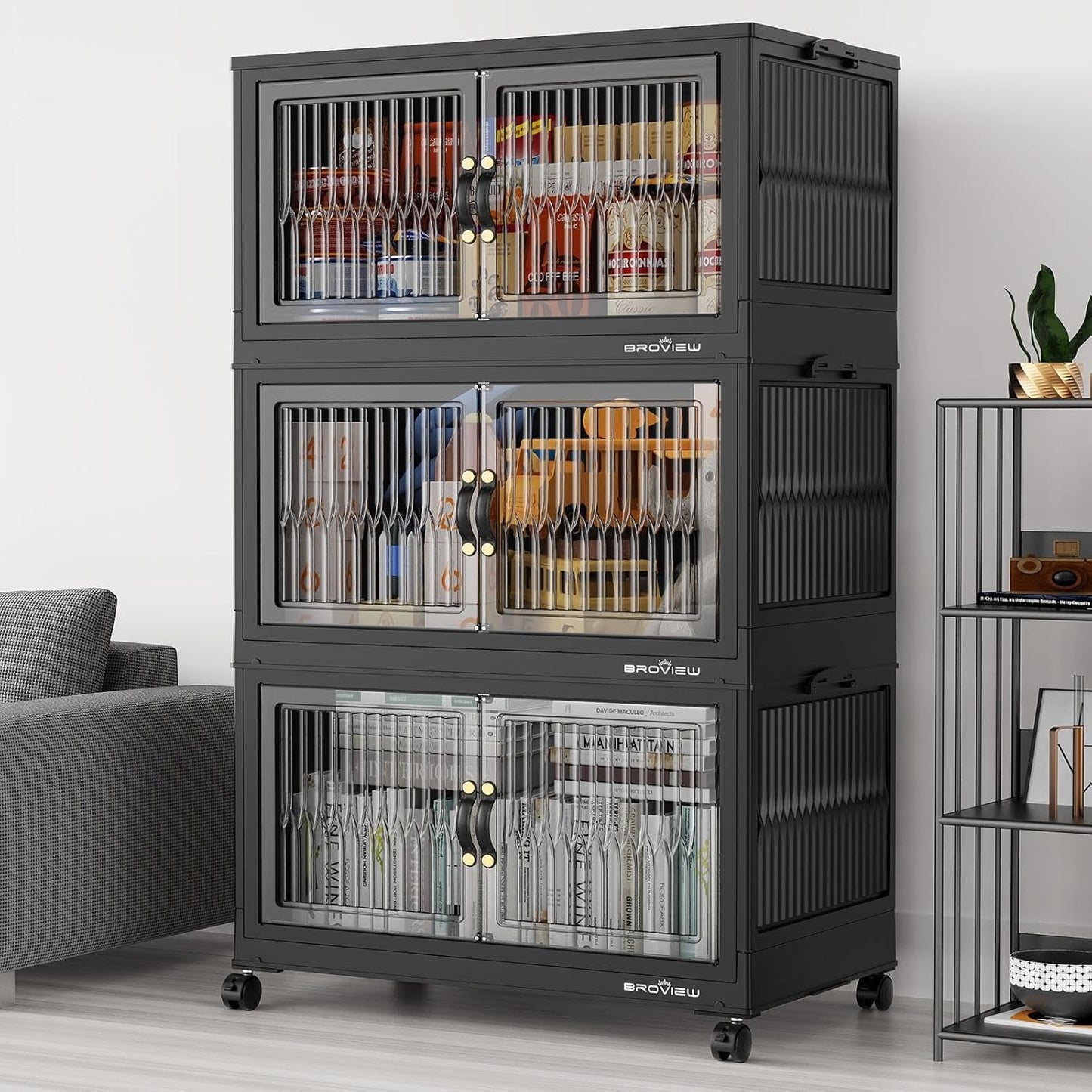 300Qt Stackable Storage Bins with Lid, Extra Large Closet Organizer Collapsible Drawer Boxes with Wheels, Folding Plastic Cabinet Containers for Home Kitchen Room Organization, 3Pack Black