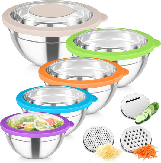 TeamFar Mixing Bowls, Stainless Steel Salad Serving Bowl with Clear Lids & 3 Graters, For Kitchen Cooking Prepping Storing, Size 4.6/2.6/1.5/1/0.7 QT, Nesting & Airtight, Set of 5 & Multicolor