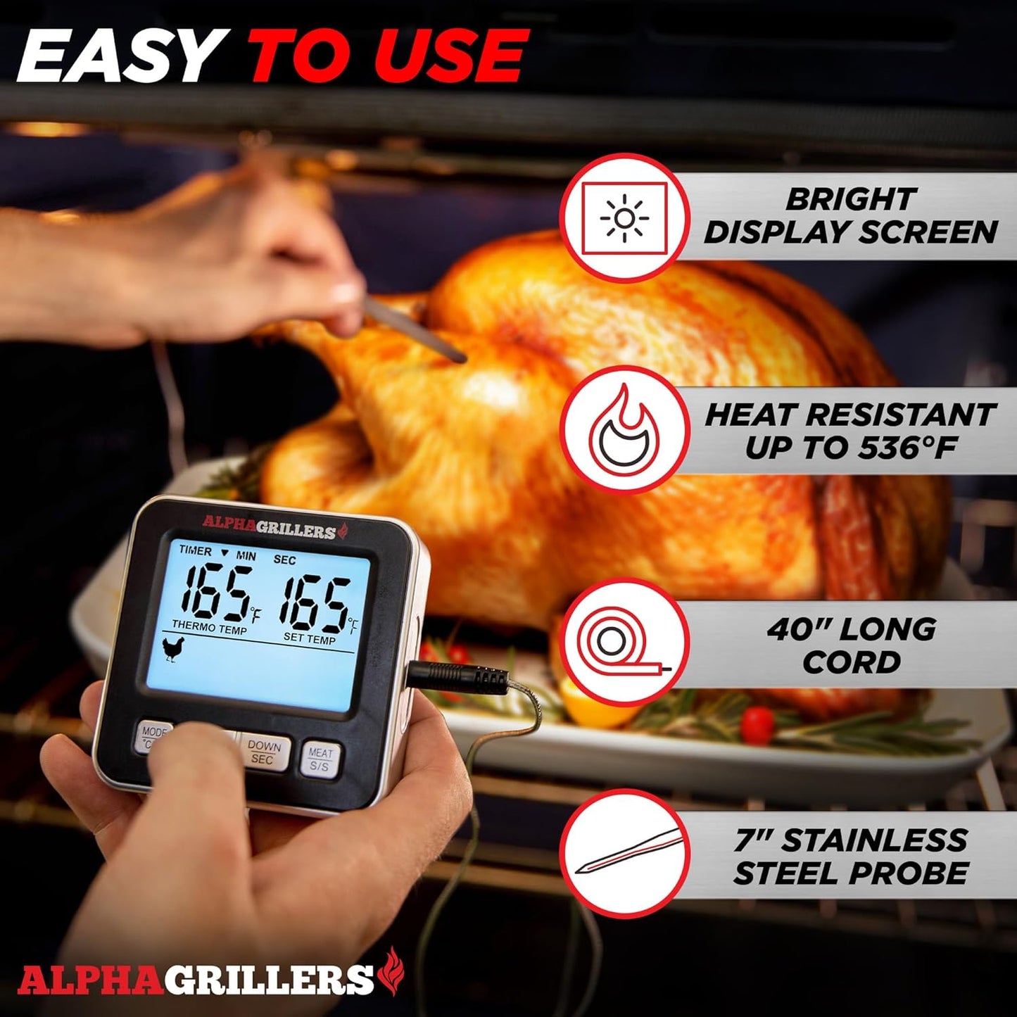 Alpha Grillers Turkey Thermometer - Digital Meat Thermometer with Electric Oven Safe Wired Leave-in Probe for Cooking & Roasting - Large Display with 7 Preset Temp Alerts, Timer & Alarm