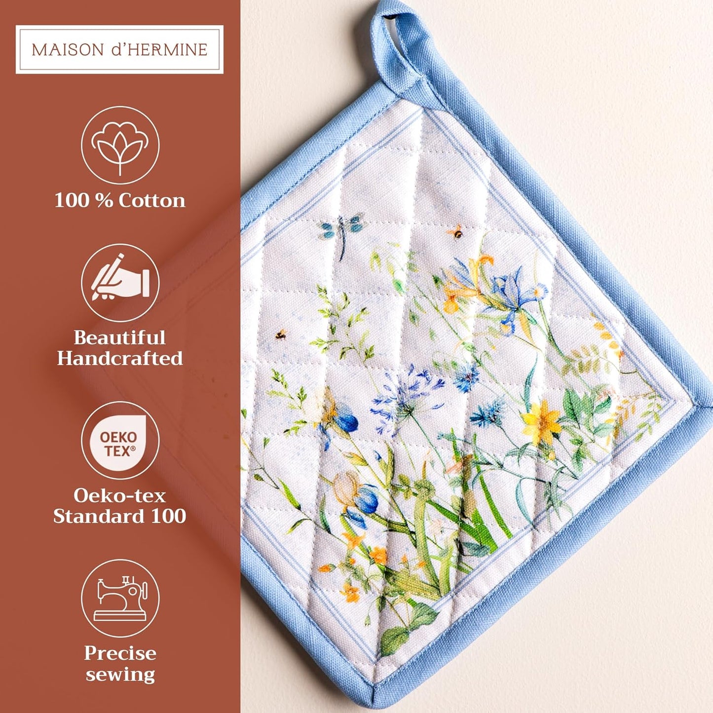 Maison d' Hermine Pot Holders 100% Cotton Heat Resistant Potholders 8" x 8" Hot Pads with Loop BBQ, Cooking, Baking, Grilling, Kitchen, Handling Hot Pans Spring/Summer (Pack of 1, Fleurs De Mai)