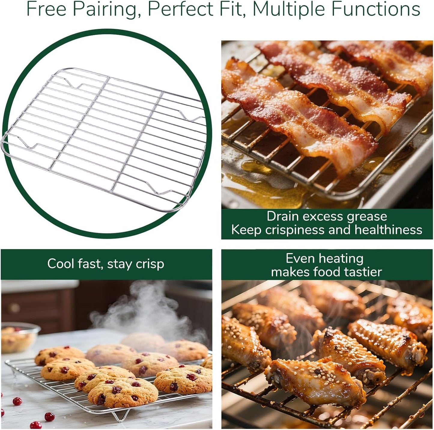 18/0 Stainless Steel Baking Sheet with Cooling Rack, Oven-Safe Non-Toxic Cookie Sheets for Baking, Set of 6, Coating Free & Rust Resistant for Healthy Family Baking, Easy to Clean, Heavy-Duty