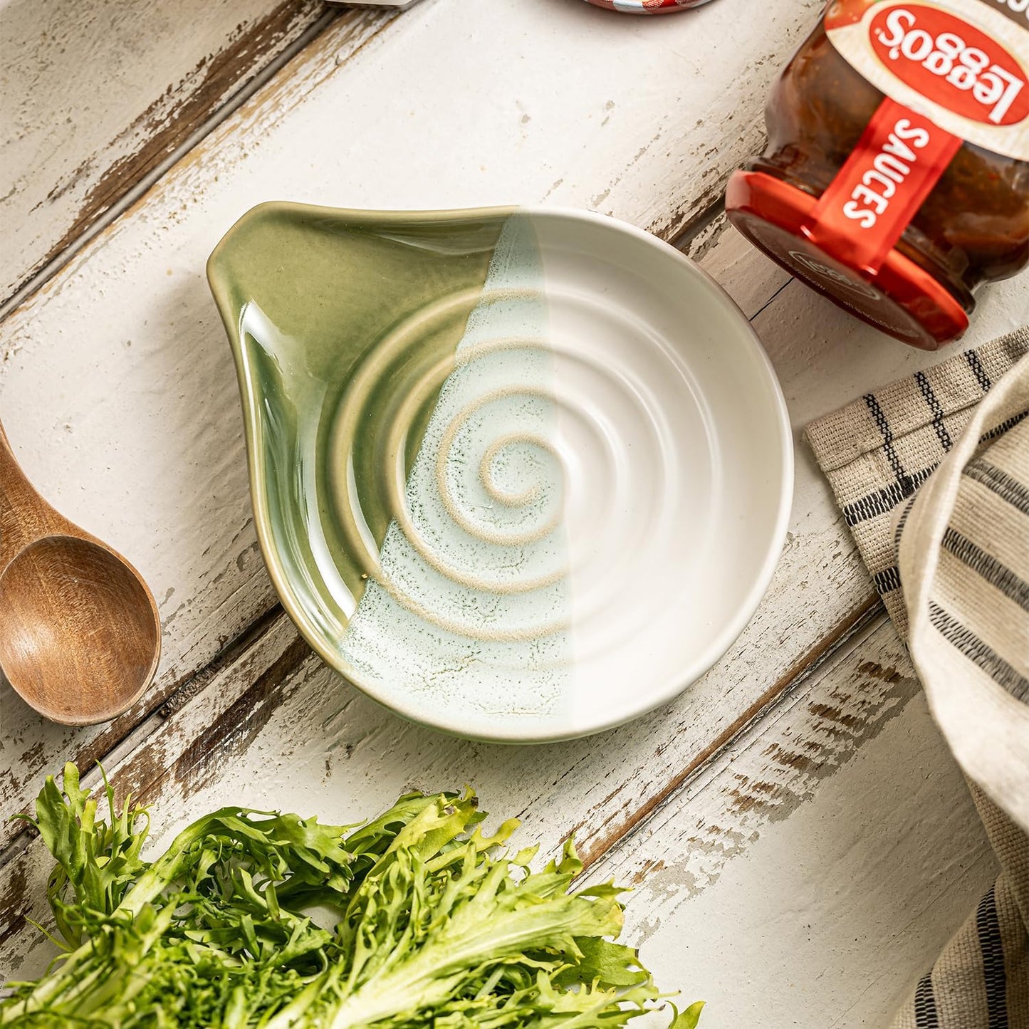 Ceramic Spoon Rest for Kitchen Counter & Stove, Large Spoon Holder for Cooking Utensils, Heat-Resistant, Nonstick, Easy to Clean, Modern Kitchen Decor, Gradient Green