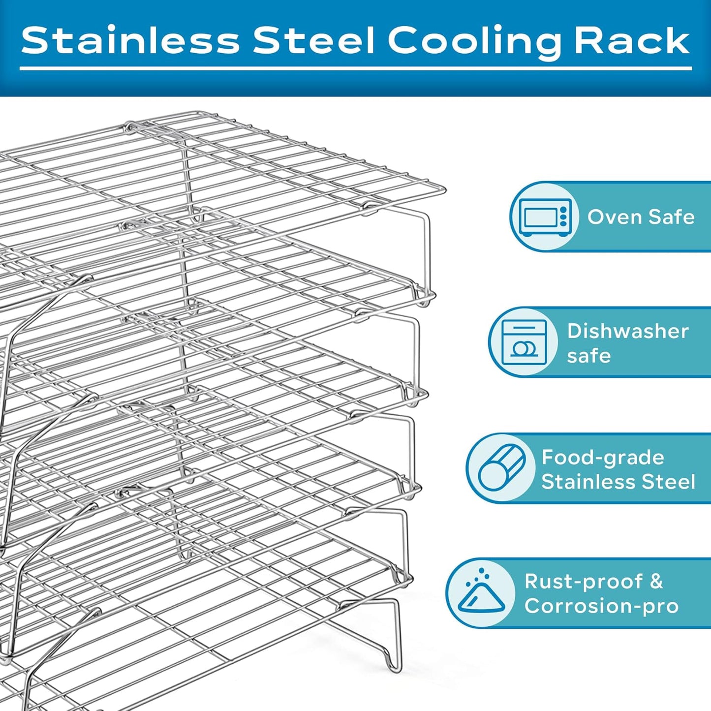 15IN x 10IN Cooling Baking Rack Set of 5, Leonyo 5-Tier Stackable Stainless Steel Wire Baking Cooking Racks Set for Cookie, Pizza, Cup Cake, Raised & Folding Feet
